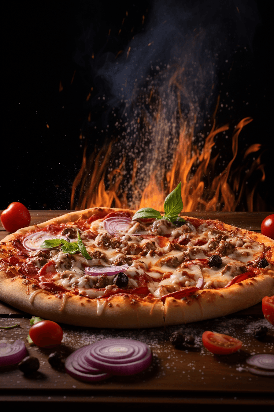 A delicious pizza topped with meat, onions, and herbs, with flames in the background.