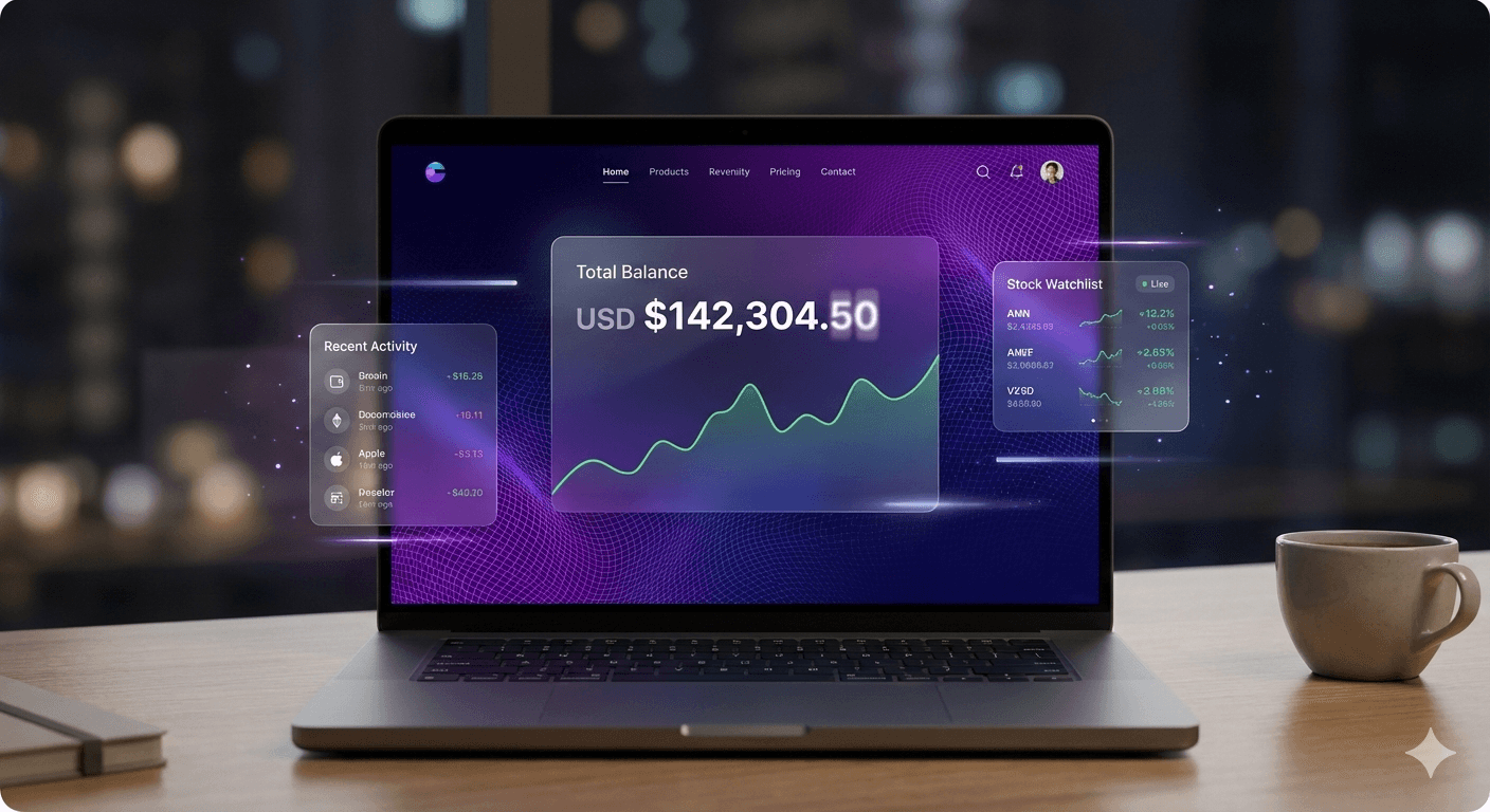 Laptop displaying a financial dashboard with a total balance of $142,304.50, a line graph, and transparent widgets showing account activity and asset performance, with a coffee mug in the foreground.