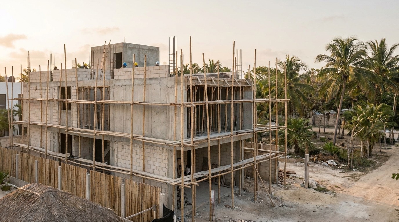 Obra de construcción residencial en Playa del Carmen, Quintana Roo, con andamiaje activo y estructura en progreso