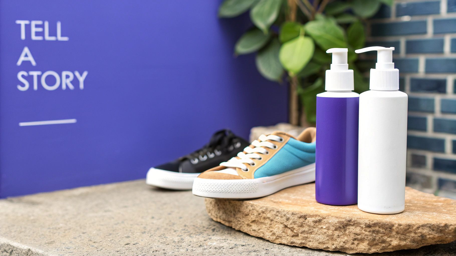 A product photography setup showing a styled scene with a product and props.