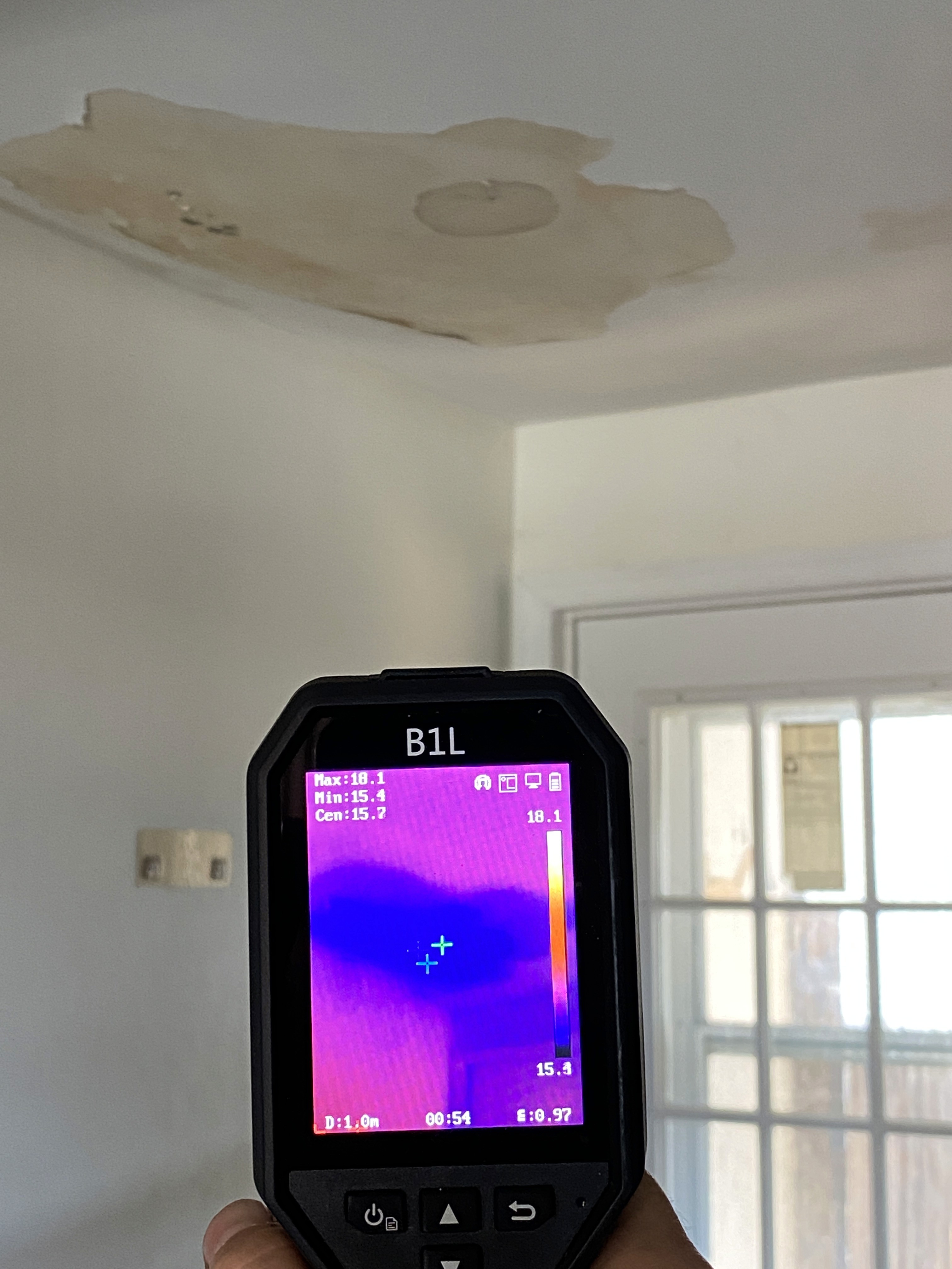 Thermal camera image of a commercial roof leak