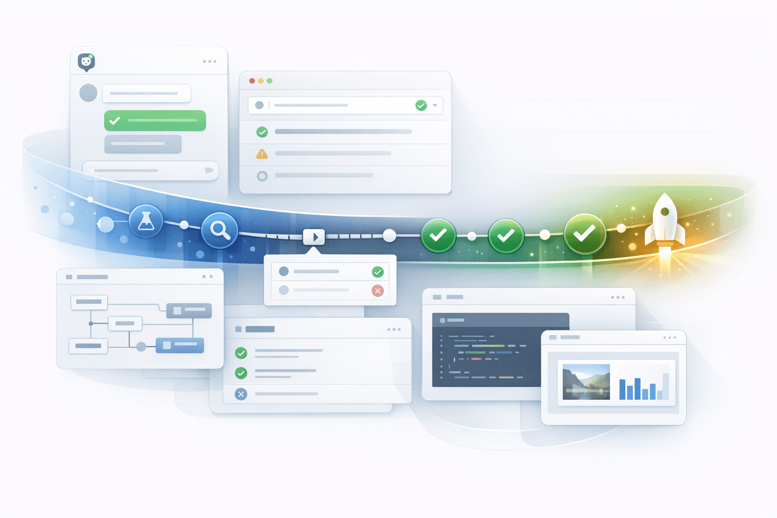 Cinematic timeline and debug harness illustrating how agentic product updates move from beta stabilization to production readiness.