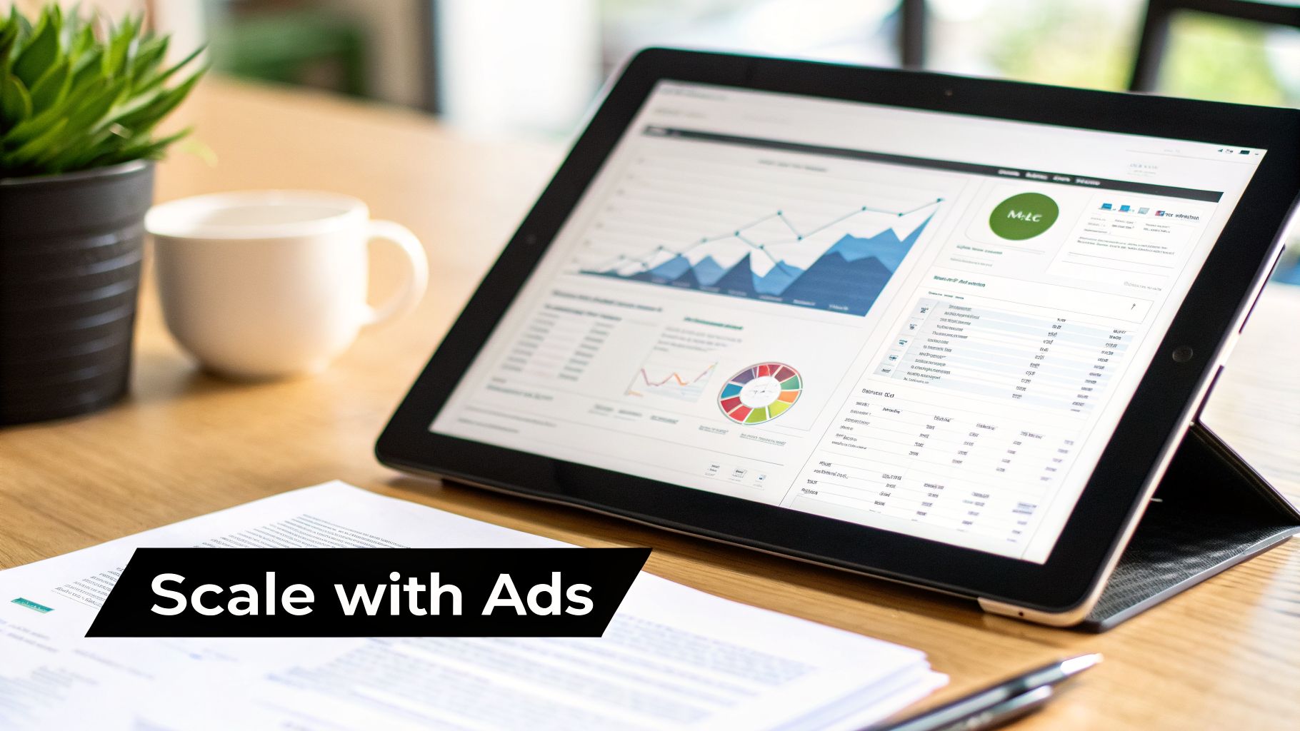 A tablet on a wooden desk displaying business analytics charts and data, with a prominent 'Scale with Ads' banner.