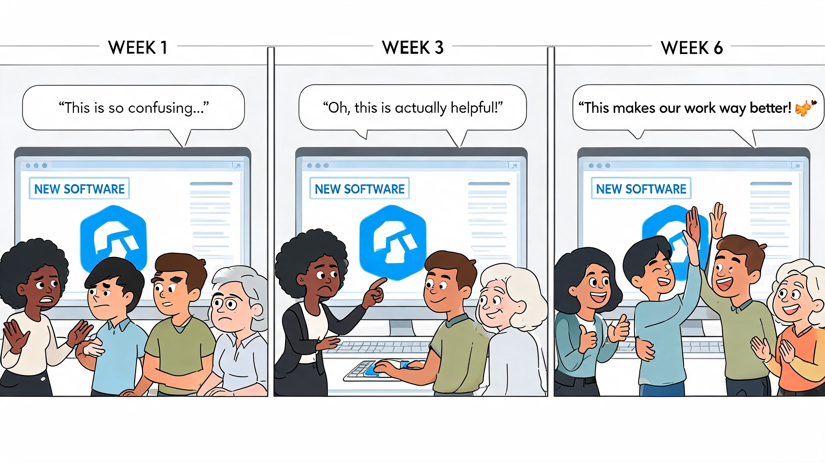 A three-panel comic illustration showing employees adapting to new software over a six-week period.