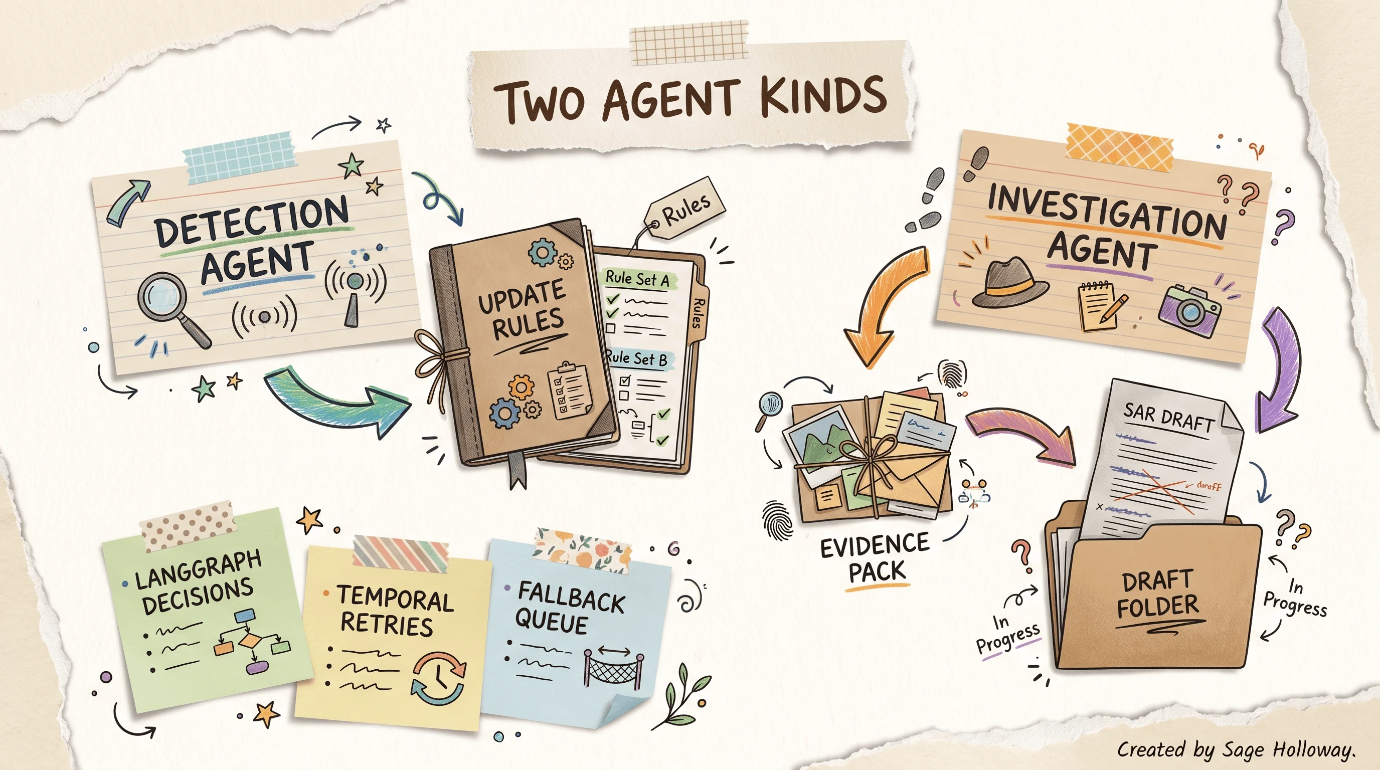 Scrapbook blueprint of detection agents versus investigation agents in financial crime workflows