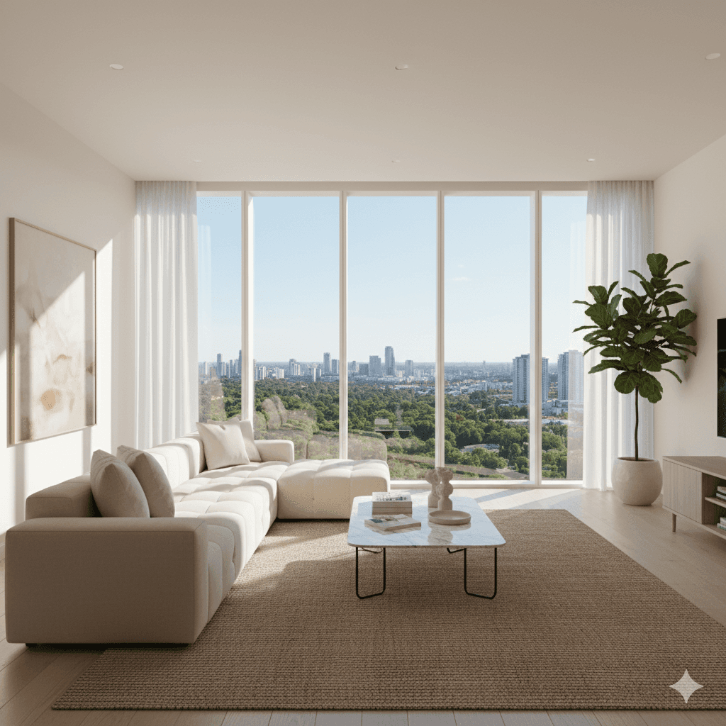Bright, airy M3M apartment living room with tall windows and contemporary decor, Gurugram