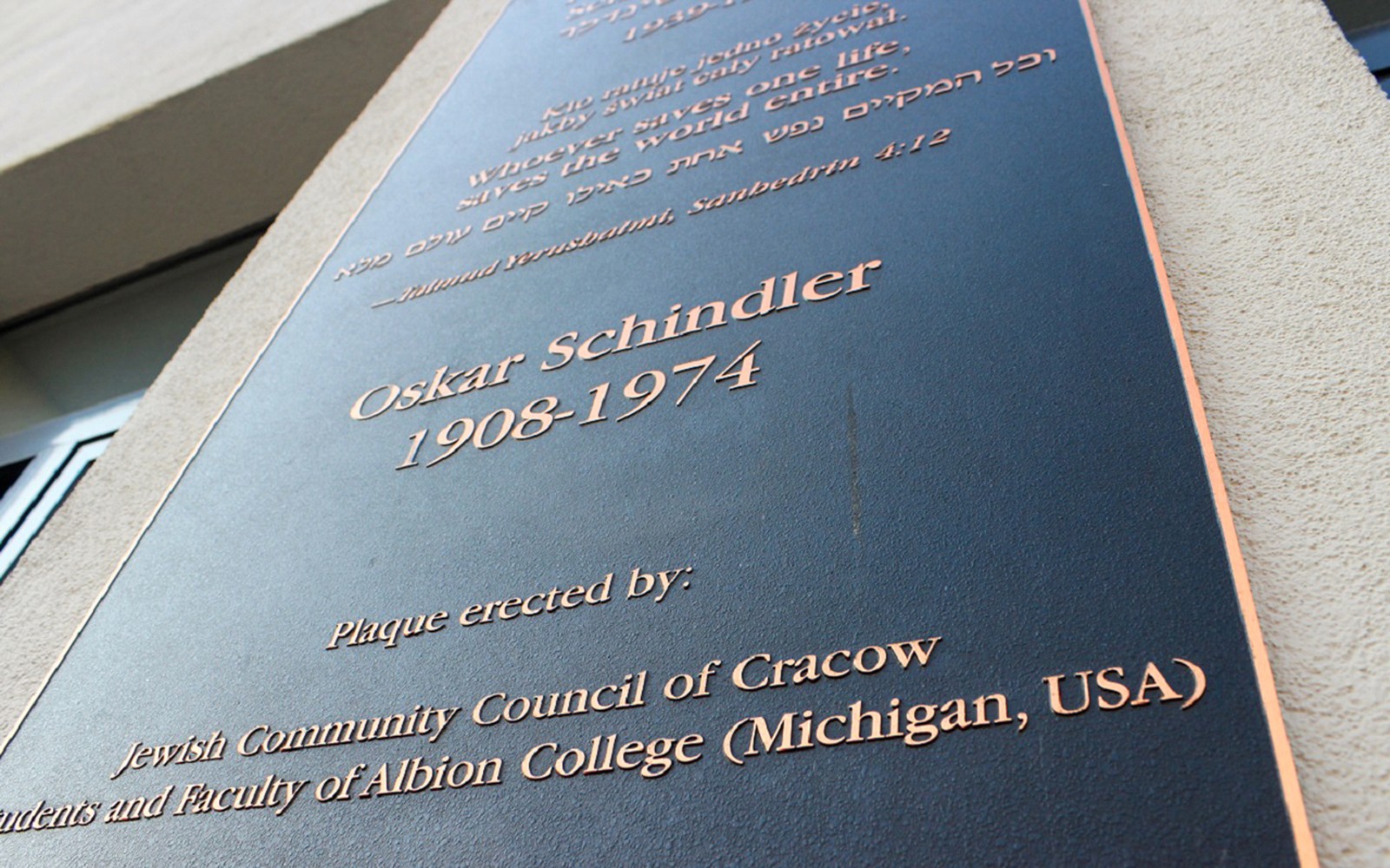 Plaque honoring Oskar Schindler at Schindler's Factory in Krakow.