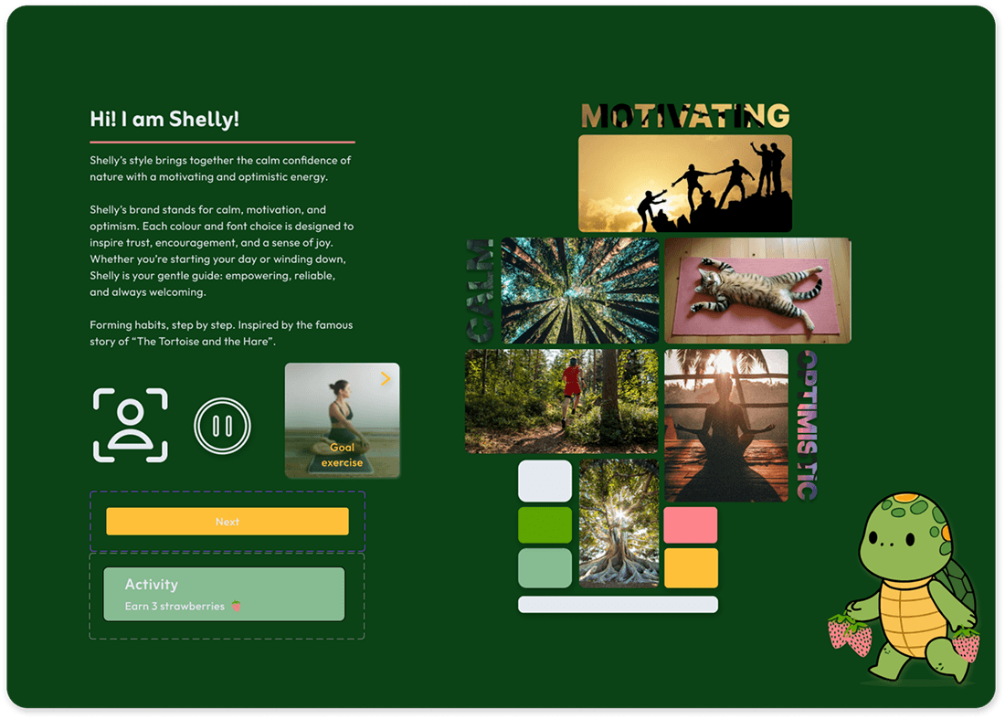Style tile showcasing Shelly app’s brand attributes, color palette, inspirational images for calm, motivation and optimism, example icons, and tortoise mascot holding strawberries.