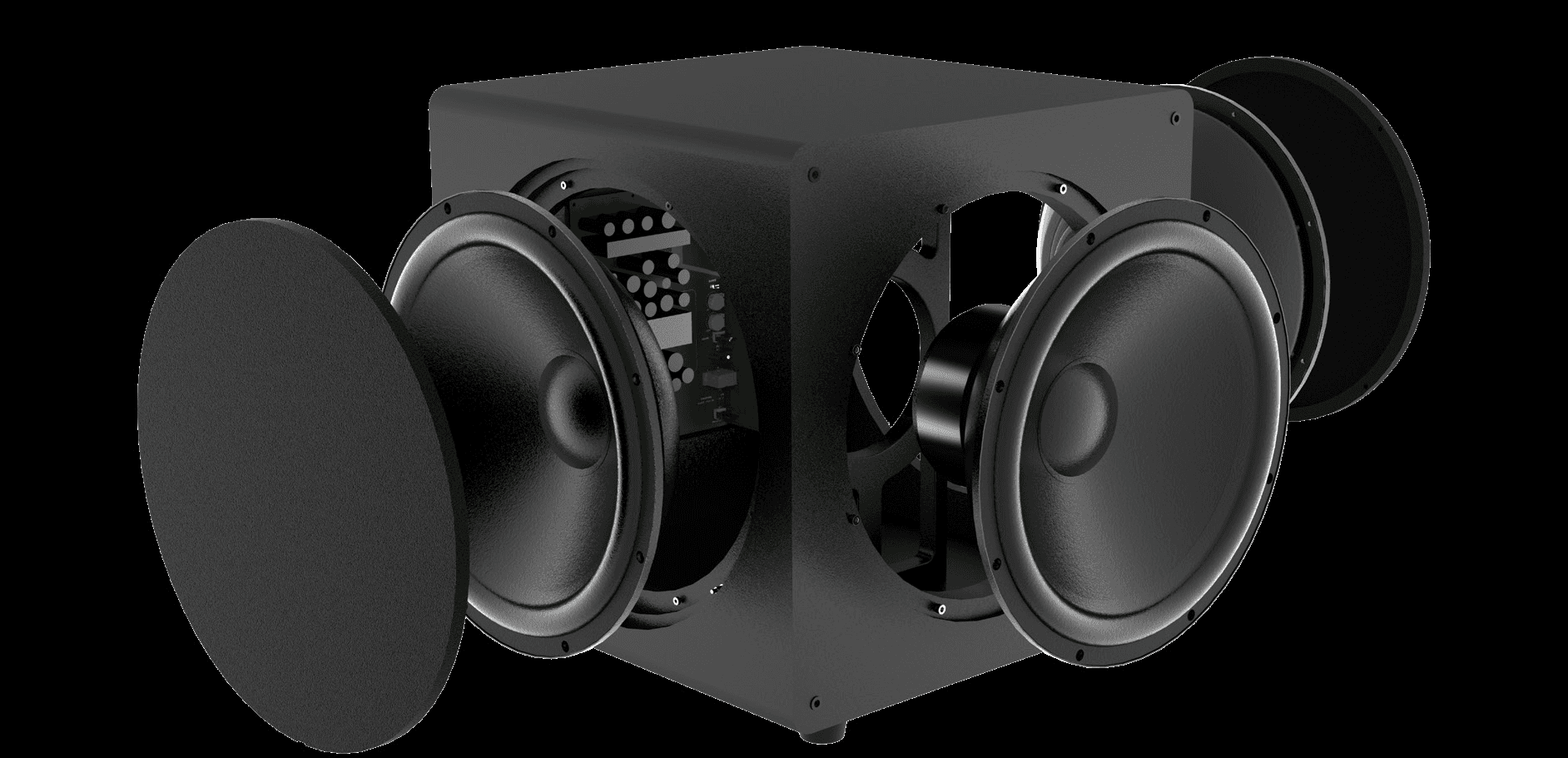 Exploded view of a black subwoofer with exposed inner components.