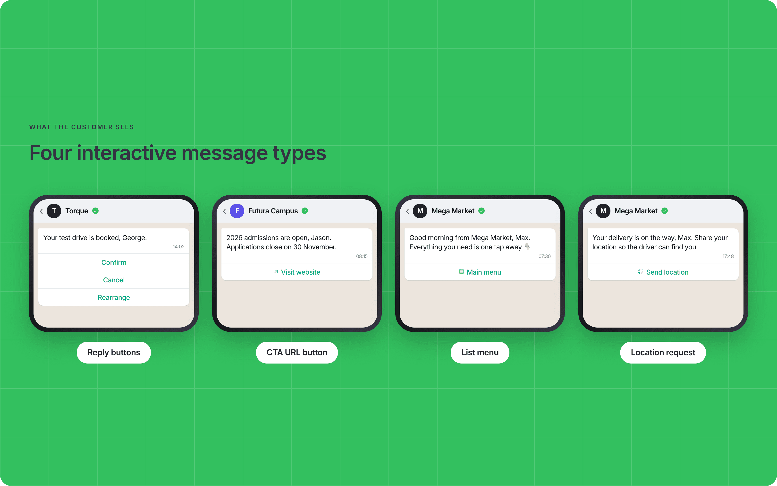 Four WhatsApp messages side by side showing reply buttons, a call-to-action button, a list menu and a location request.