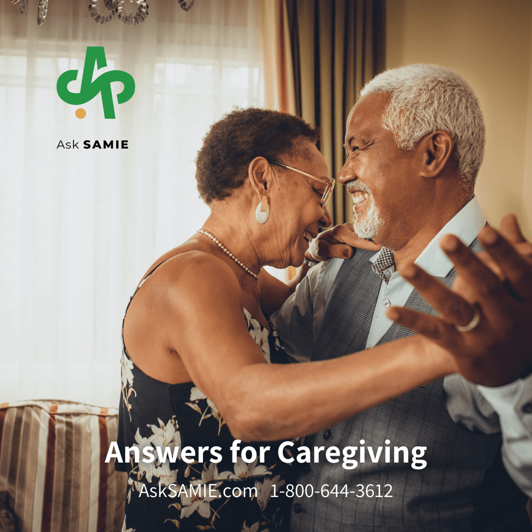 Older couple embracing with AskSAMIE caregiving support branding and contact information.