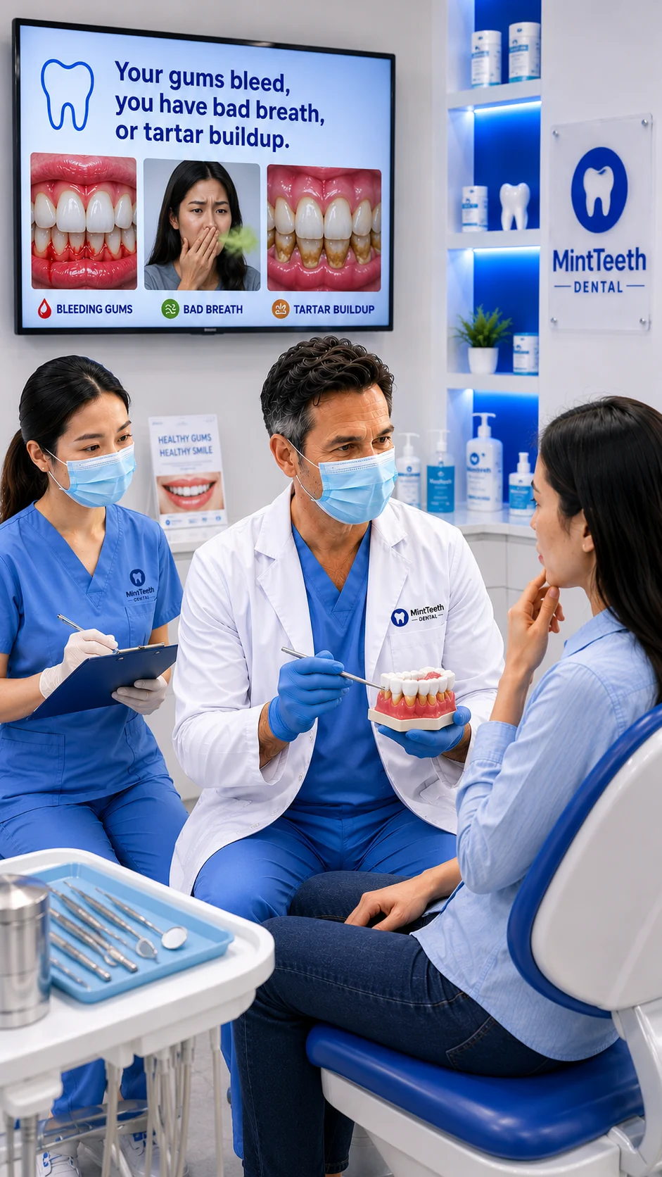 Dentist and assistant explaining wisdom tooth concerns to a patient in a dental clinic