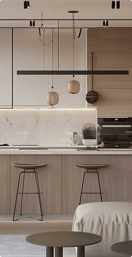 Aranżacja nowoczesnej kuchni z drewnianymi szafkami, jasnym marmurowym wykończeniem ściany i wiszącymi bursztynowymi lampami. Na dole widoczne stołki barowe i czarny stolik. Etykieta z ceną: 1490 zł na mkw.