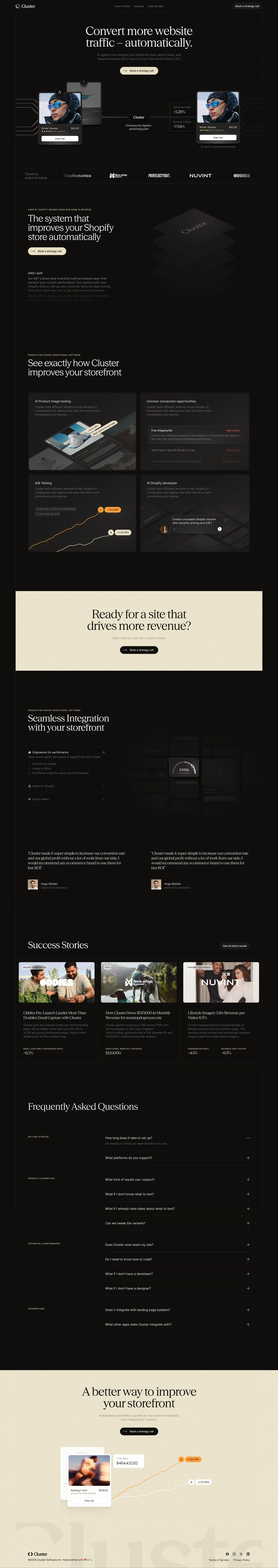 Cluster - Convert more website traffic a ecommerce page screenshot showcasing Ecommerce and Tech design