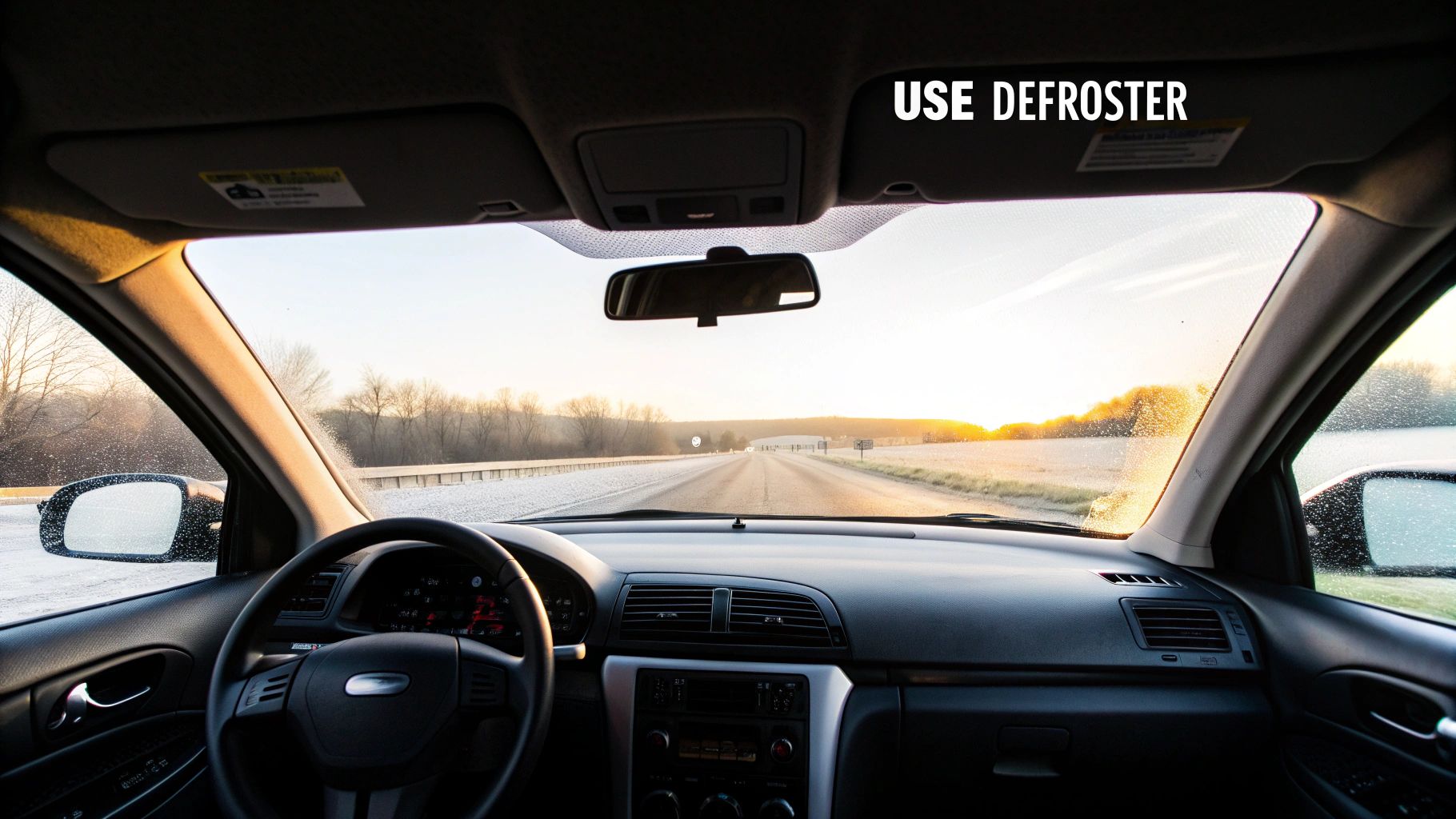 View from inside a car with a frosted windshield and side mirrors, driving on a road during sunrise or sunset, with text 'USE DEFROSTER'.