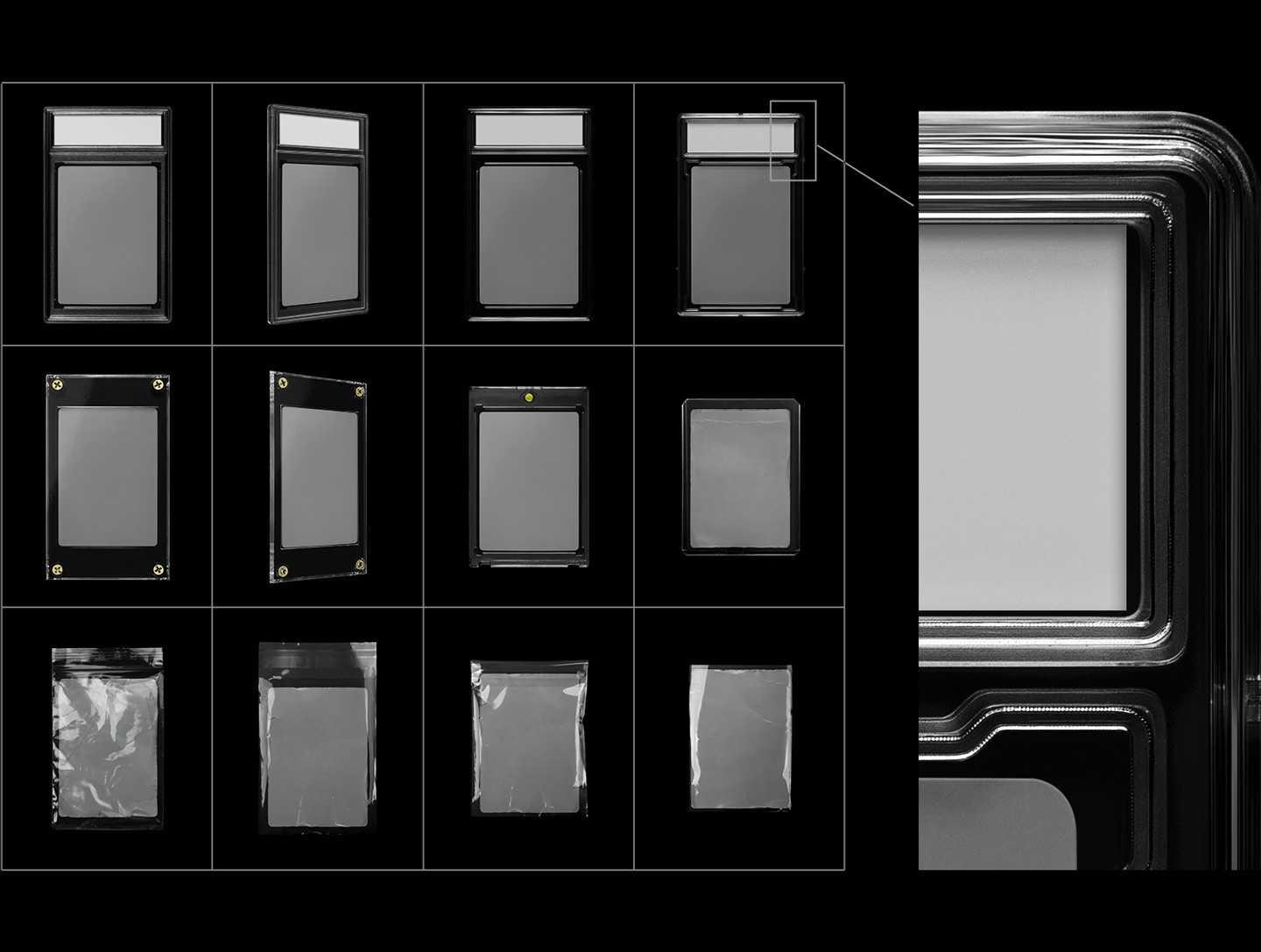 Trading card case mockups asset library with slabs screwdown cases sleeves and bags