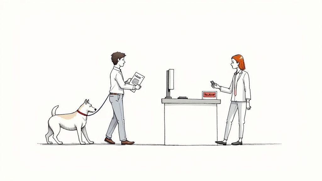 A man with his dog on a leash approaches a counter with a visible 