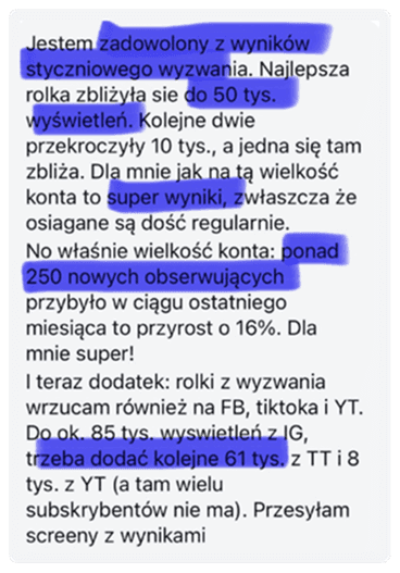 Biznes na Insta – opinia o wyzwaniu publikacji rolek, które pomogło uczestniczce określić niszę, uporządkować komunikację i osiągnąć największe dotąd zasięgi – mimo wcześniejszego udziału w różnych kursach i szkoleniach.
