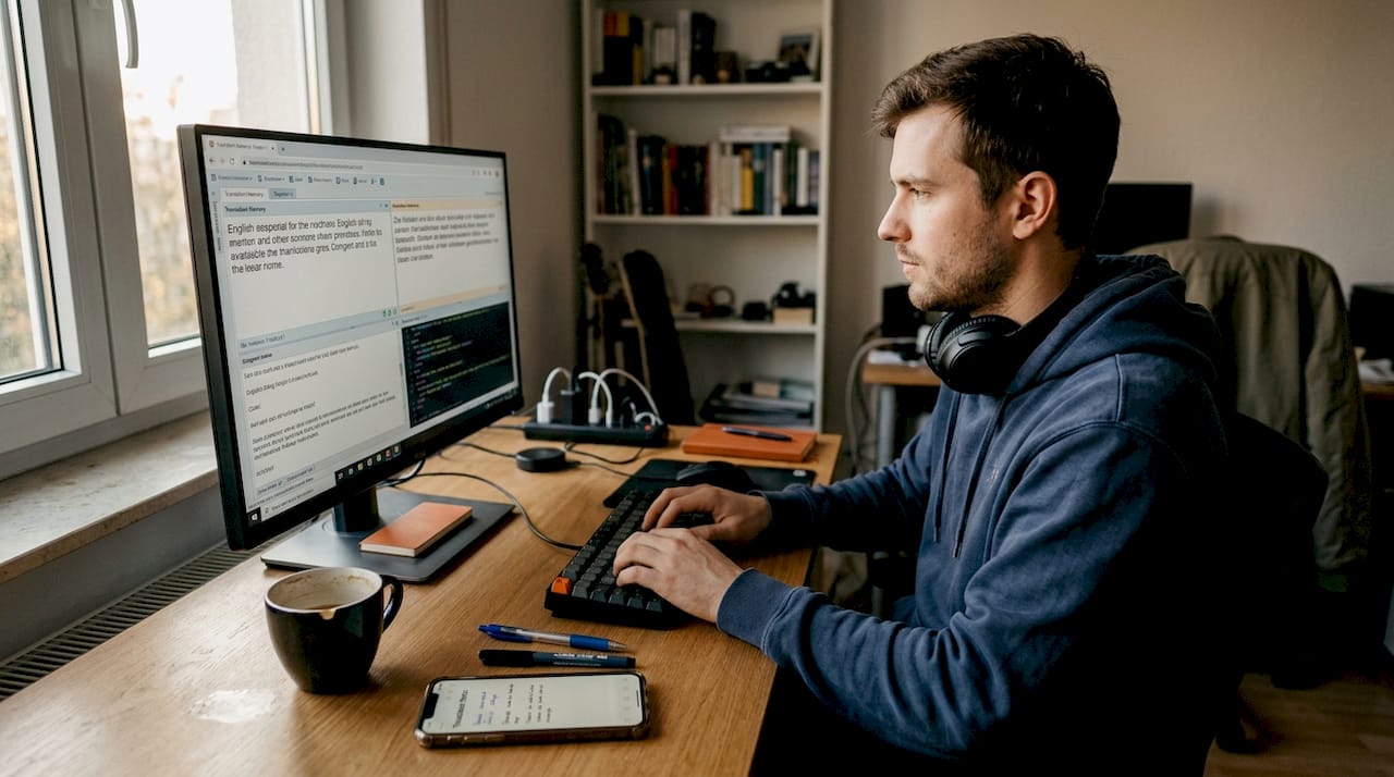 Specialist reviewing translation files in home office