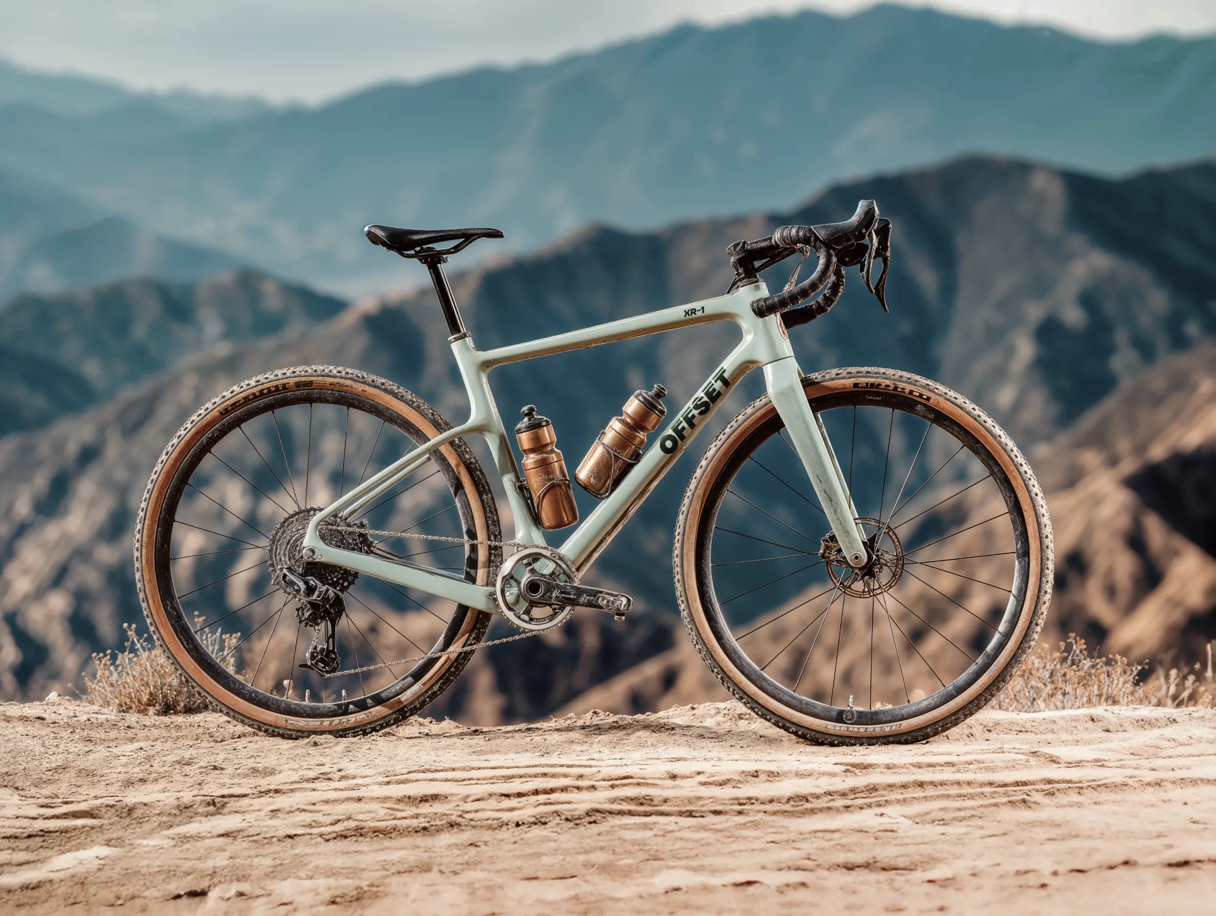 Gravel bike positioned outdoors with mountains in the background