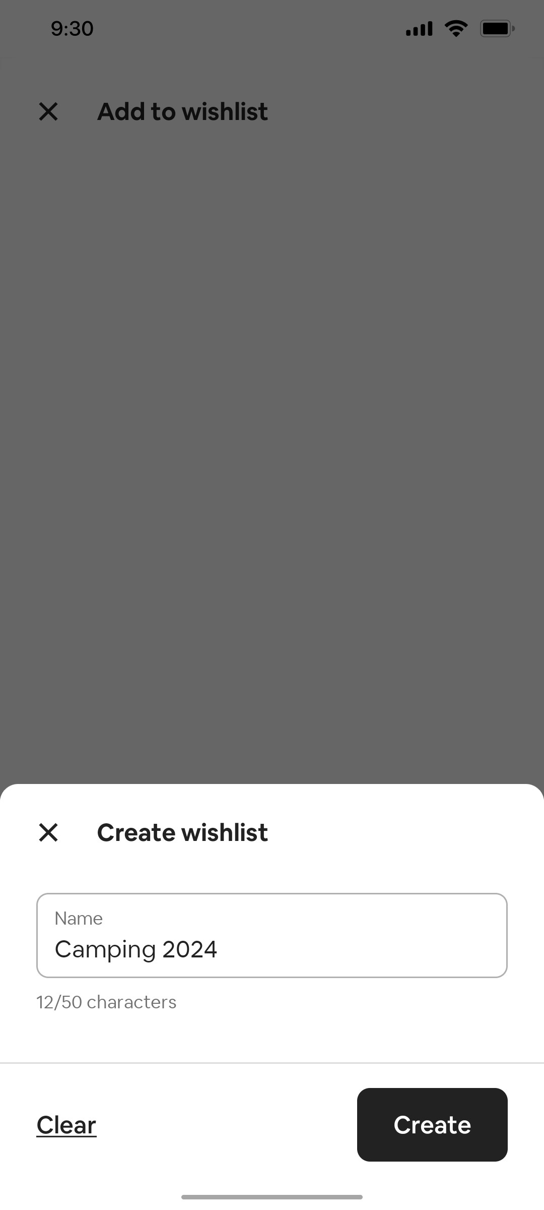 Airbnb Add to Wishlist Screen