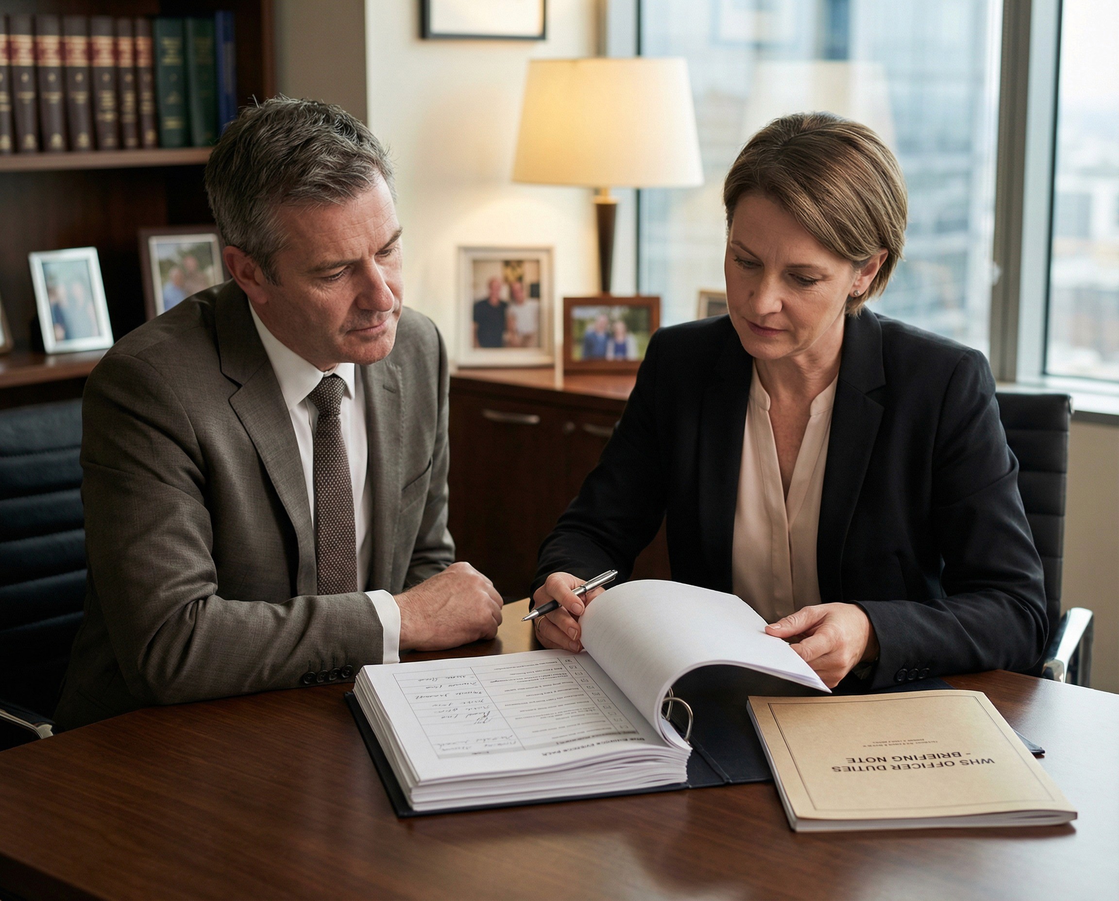 A CEO in his mid-50s and a general counsel in her late 40s sitting side by side in a private office — his office, judging by the framed photos and the quality of the furniture — reviewing a bound due diligence evidence pack together. The pack is open between them on the desk, and the general counsel is turning pages methodically, pausing at a page showing a structured officer due diligence checklist with dated completion entries and signature fields — visible in layout but not legible. The CEO is watching her review with the attentive stillness of someone who understands that his personal liability depends on what she finds. A second, thinner document — a legal briefing note on WHS officer duties — sits closed on the desk beside the evidence pack, suggesting she brought the legal framework and he produced the evidence.