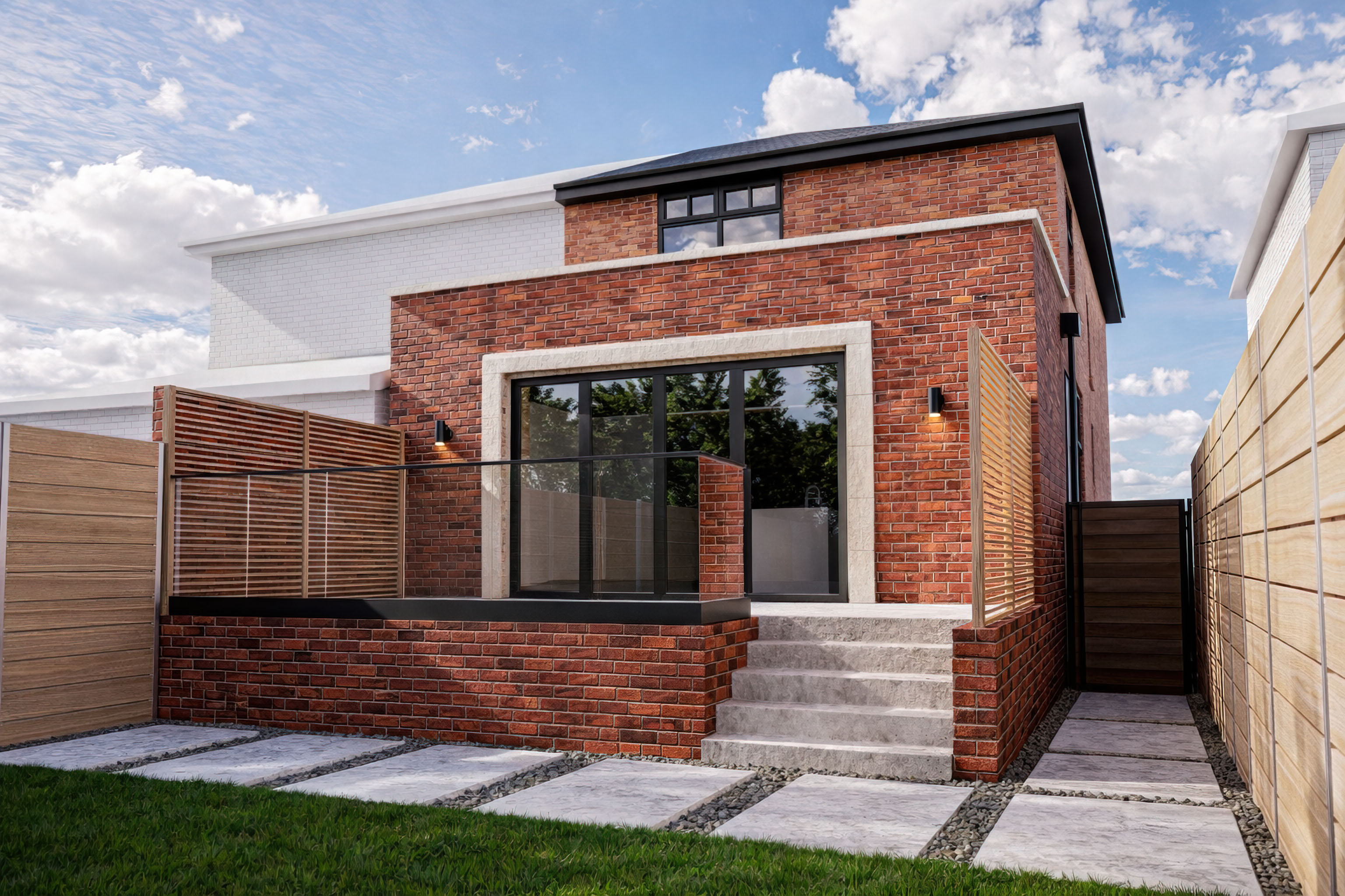 “Architectural visualisation studio Pixelspaces creates photorealistic arch viz for Kalejay+Co, Manchester-based architects, showing a modern house extension with CGI rendering, realistic materials, and exterior lighting