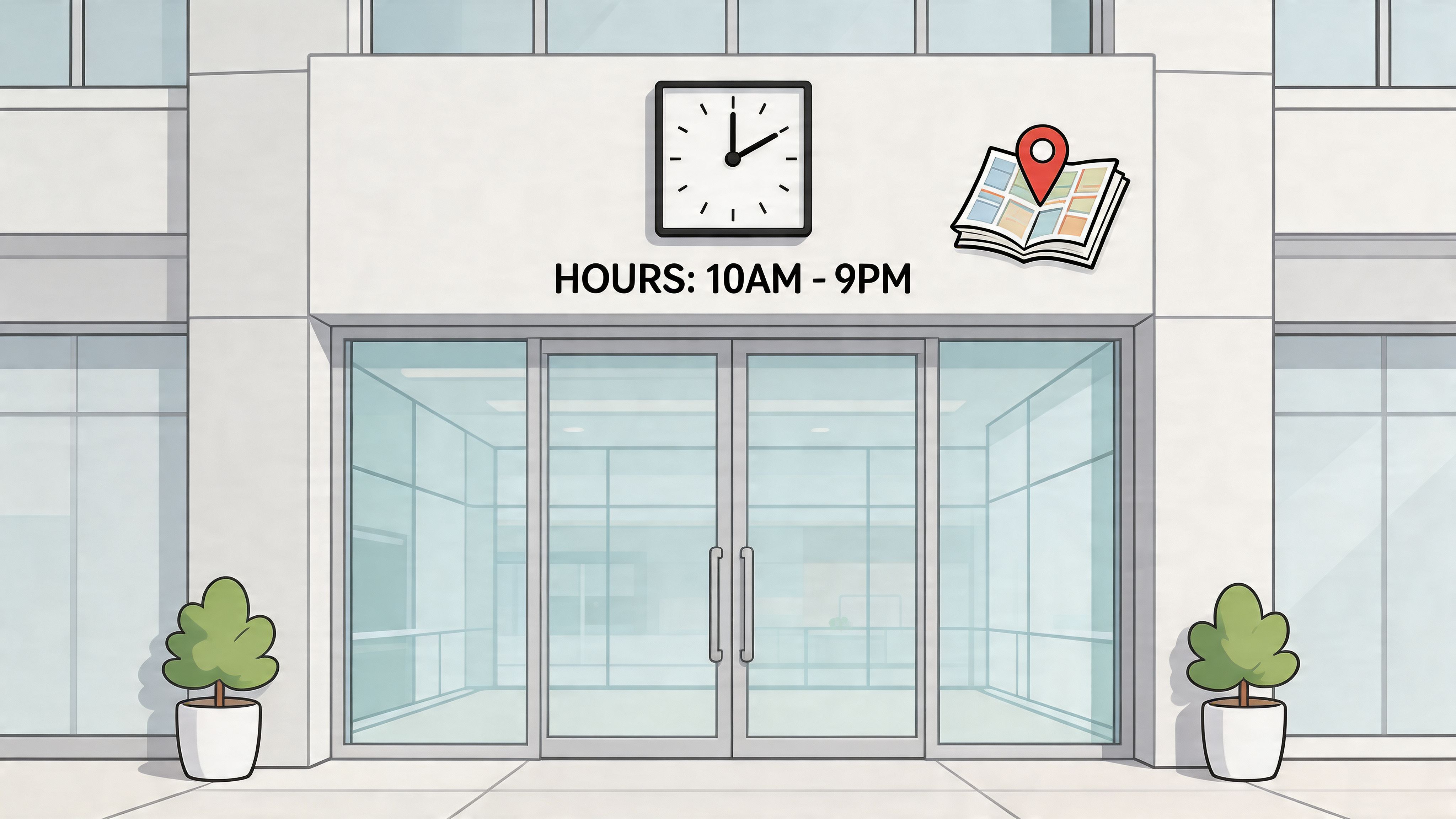 The entrance of a modern shopping mall featuring glass doors, a clock, and business hours signage.