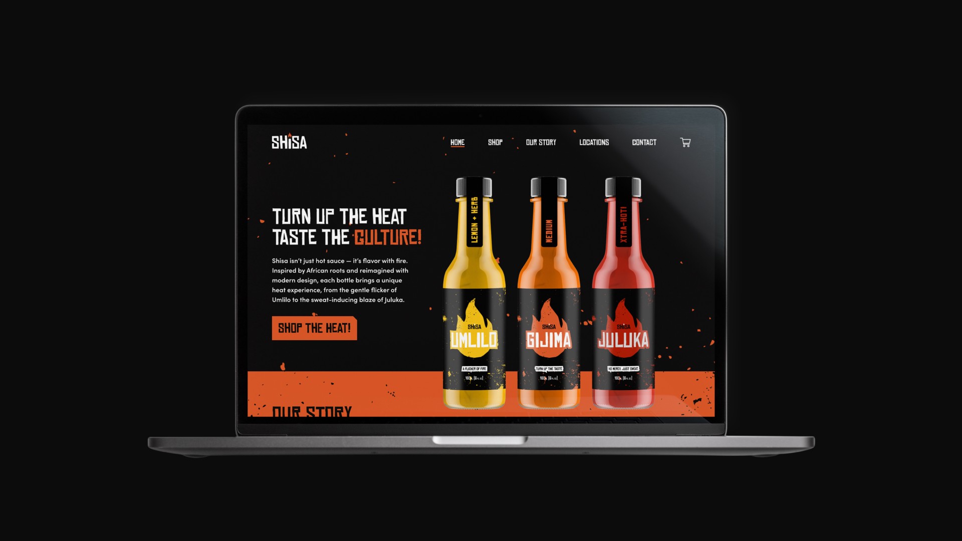 Macbook showing the landing page for a hot sauce website