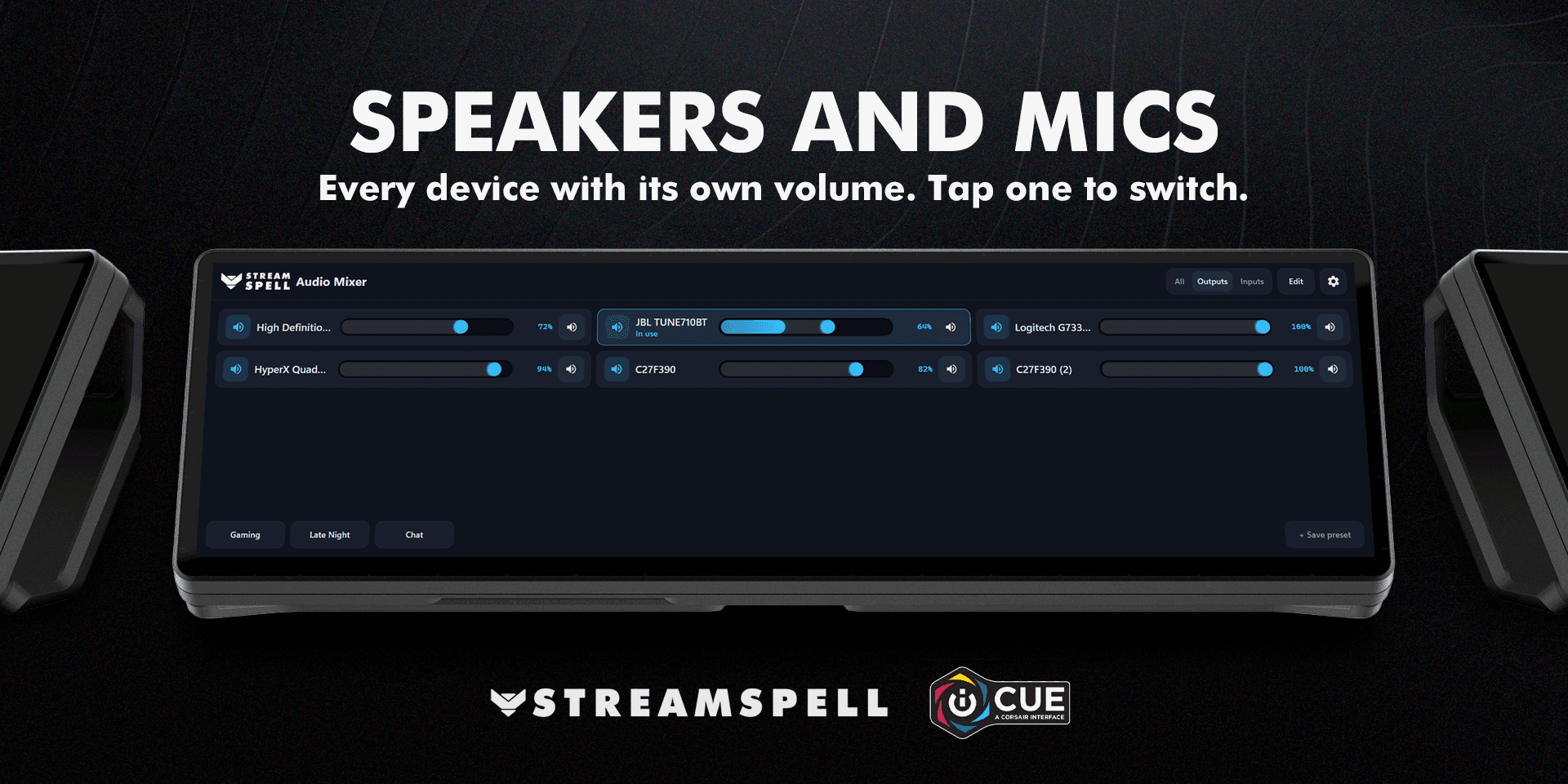 Audio Mixer lists speakers, headsets and microphones with individual volume controls — official product preview