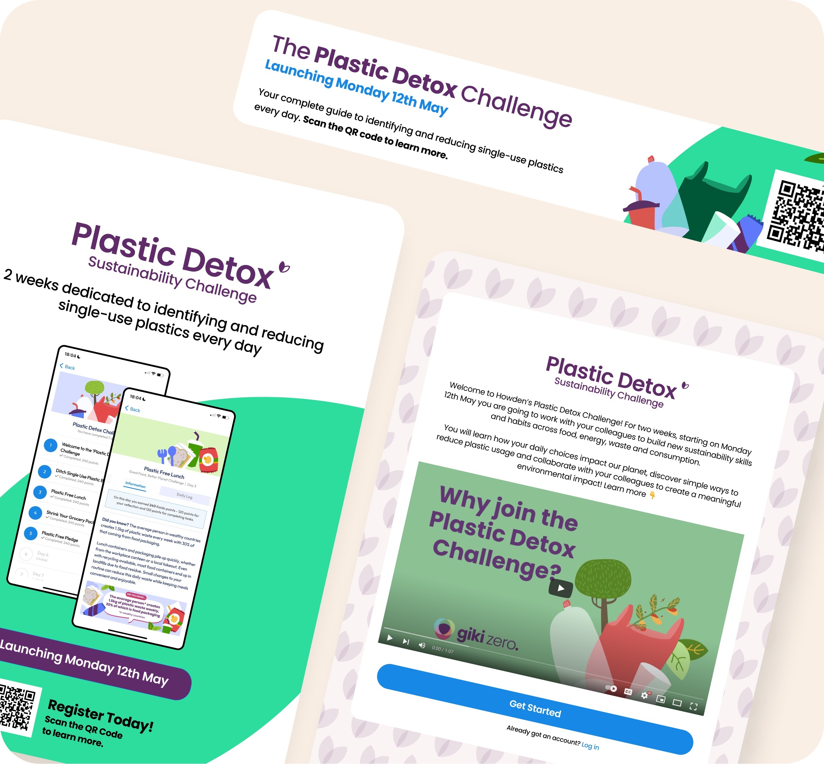 Plastic Detox Challenge promo flyers alongside mobile app preview.