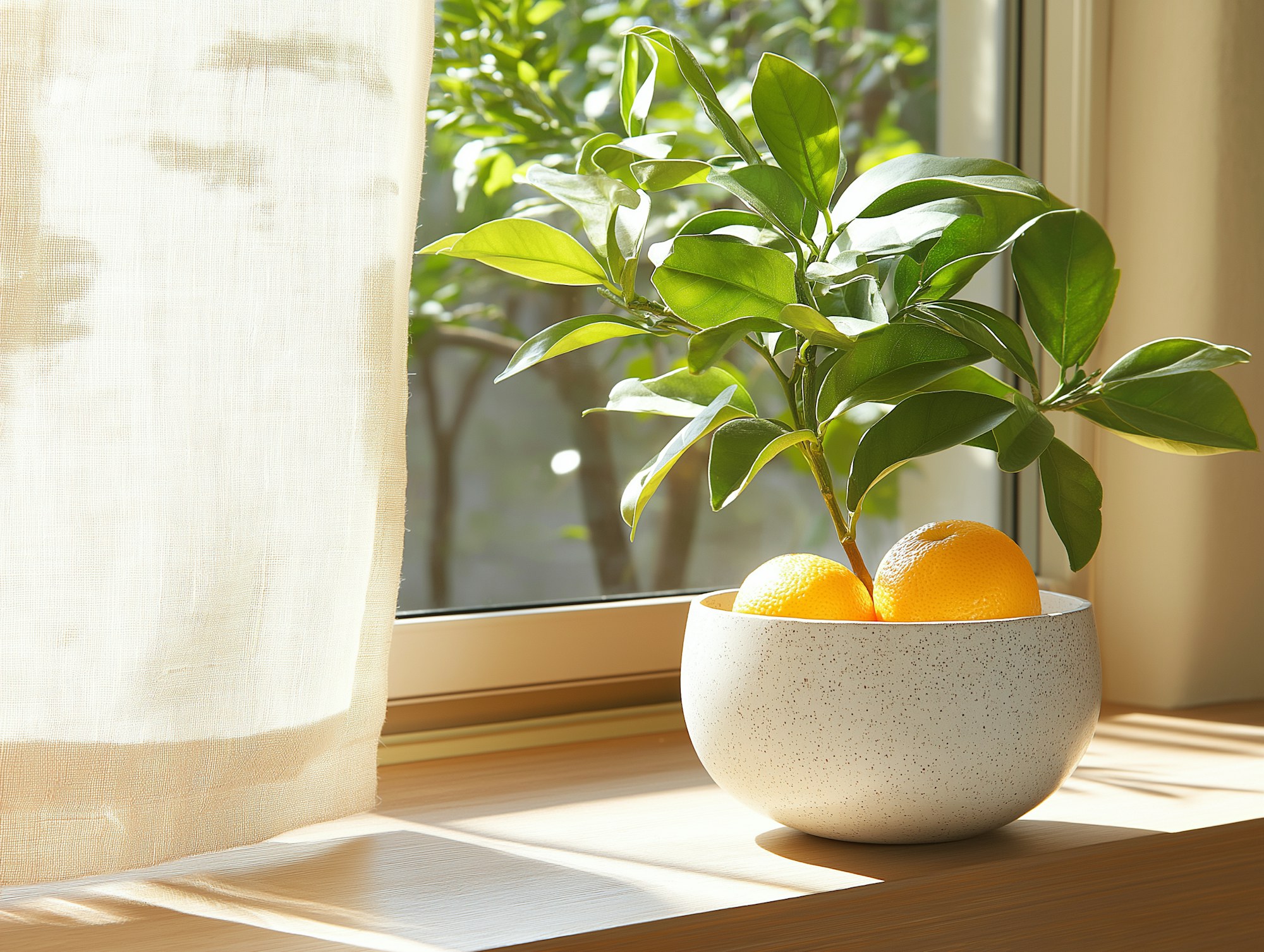 A citrus plant with ripe oranges in a white pot on a sunlit windowsill, a sheer curtain behind.