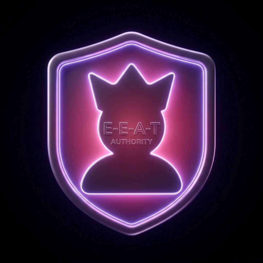 A minimalist, glowing digital shield icon in electric violet, representing brand authority, expertise, and trust in the AI-driven search era.