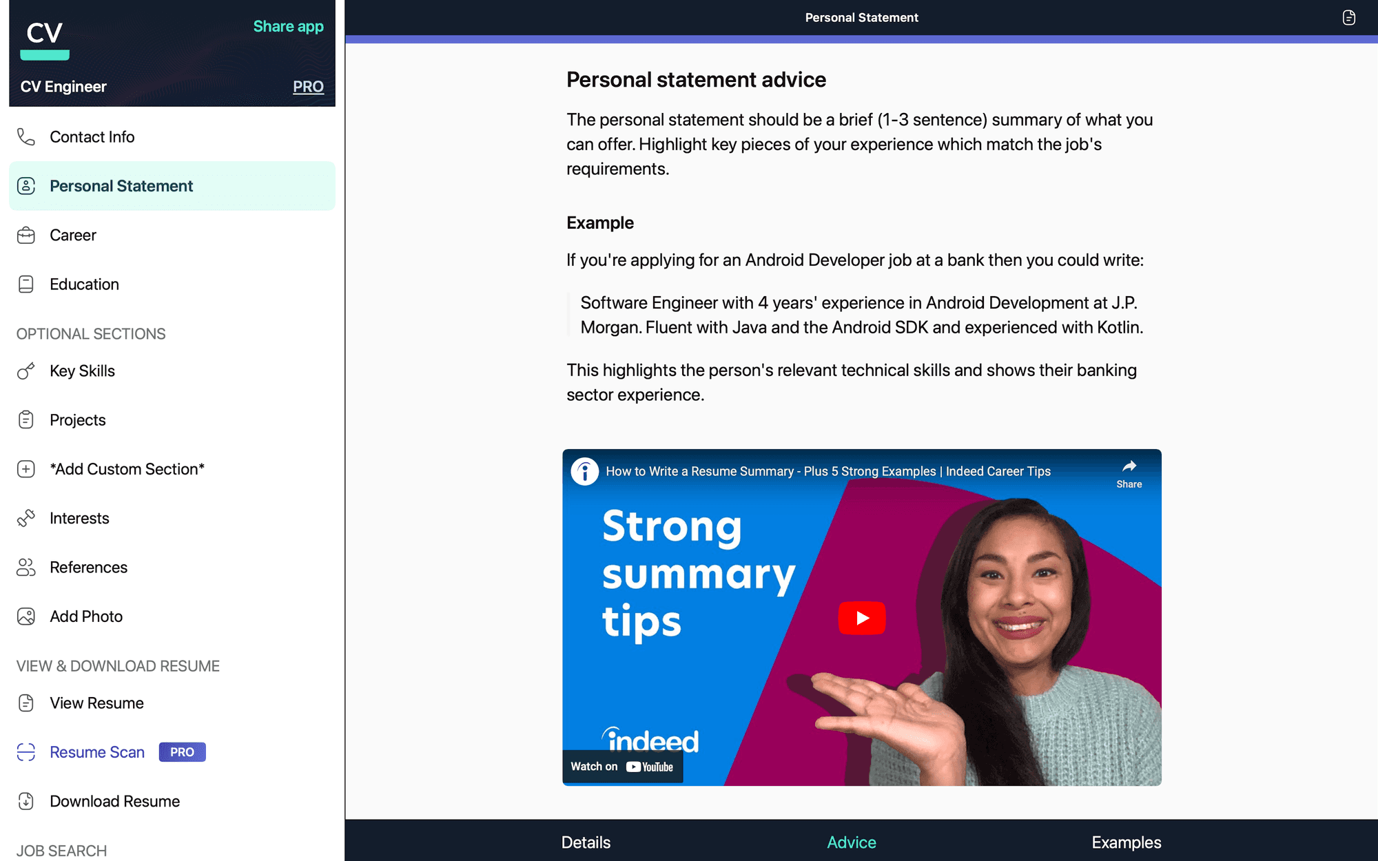 Personal Statement advice screen in CV Engineer's macOS app.