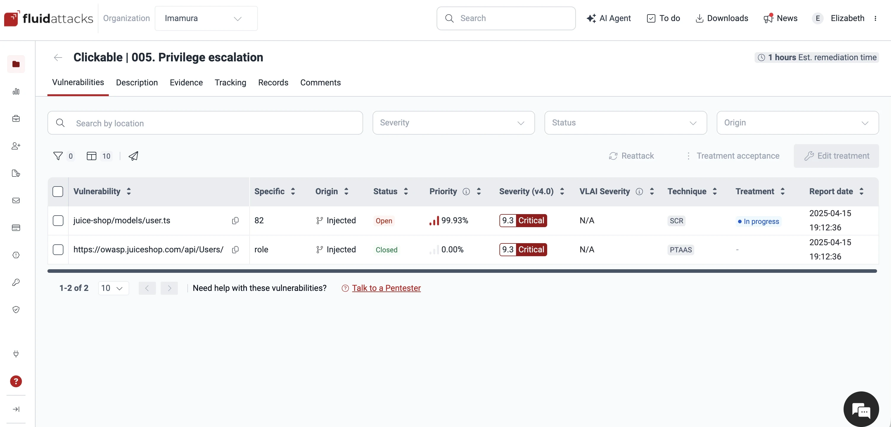 Fluid Attacks platform showing a privilege escalation found by secure code review, with the affected file, line and CVSS score.