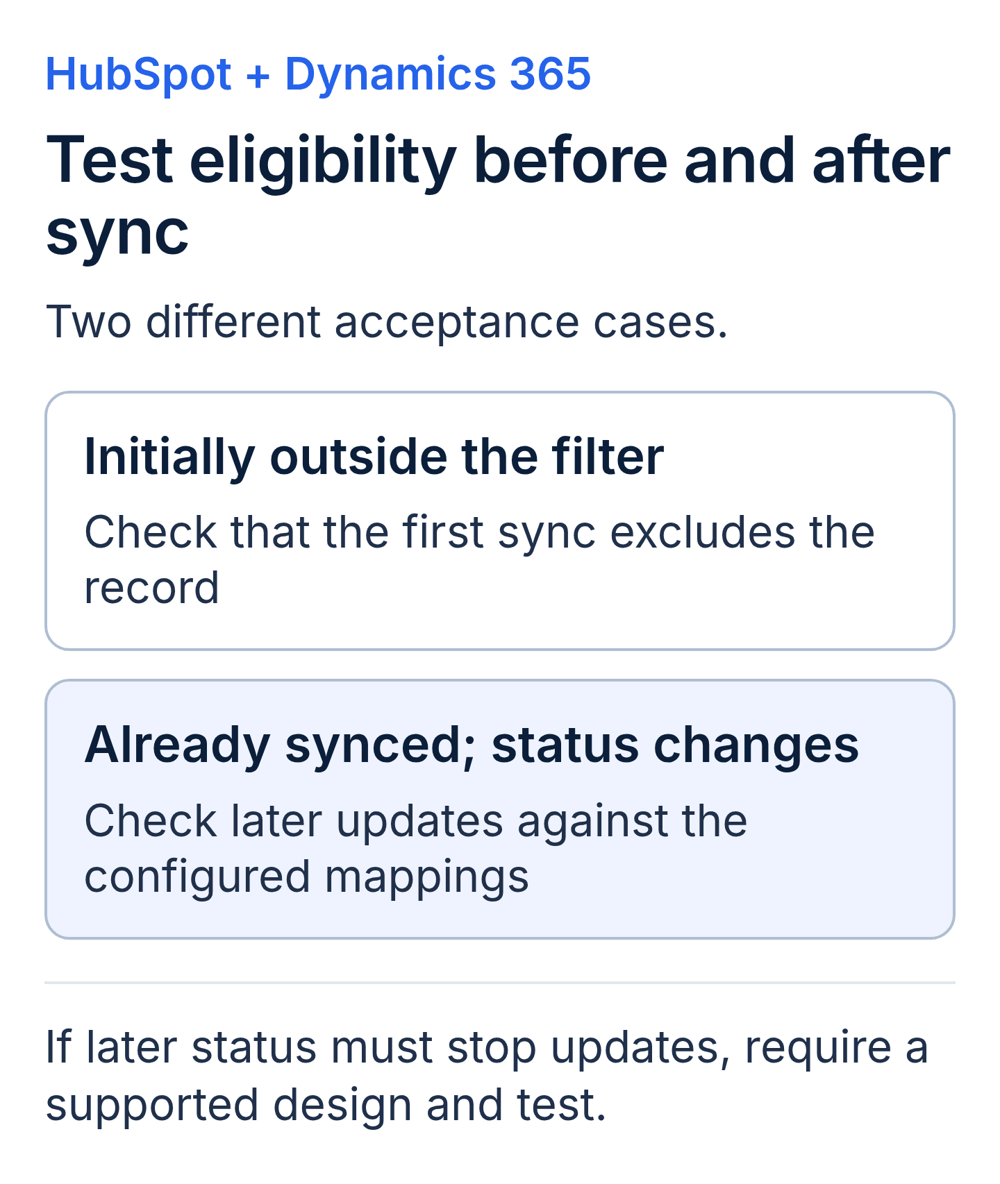 HubSpot and Dynamics 365 acceptance cases: an initially excluded record and an already-synced record whose status later changes. Verify initial exclusion separately from subsequent updates.