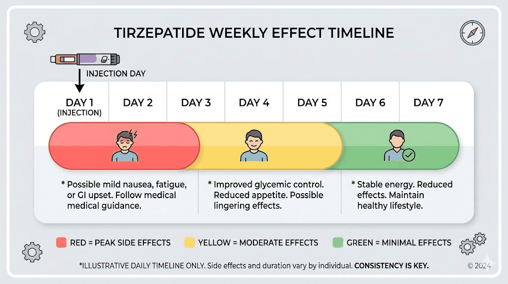 Tirzepatide weekly side effect timeline after injection day