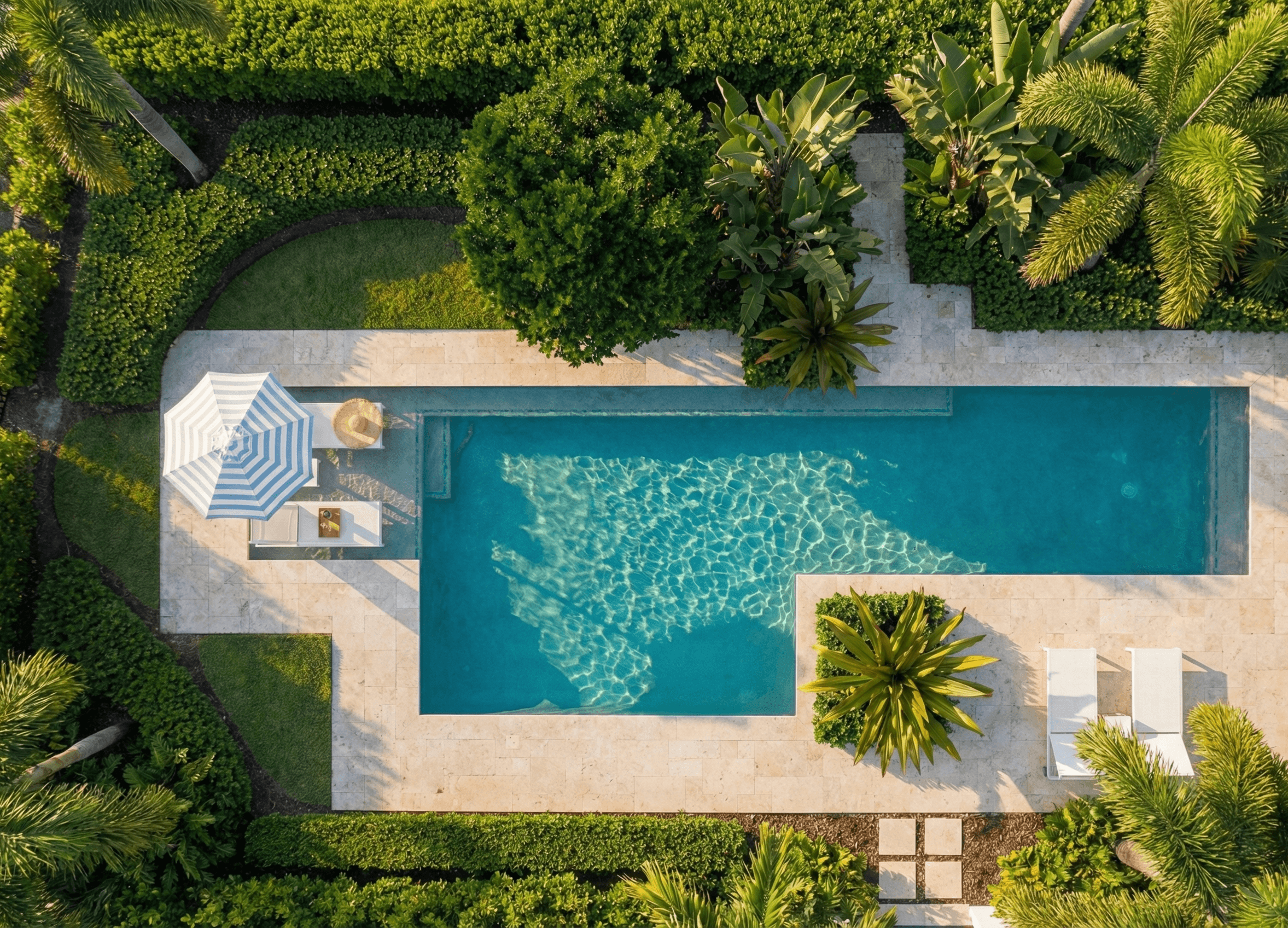 Aerial view of a private backyard pool and patio, suggesting a relaxed retirement lifestyle.