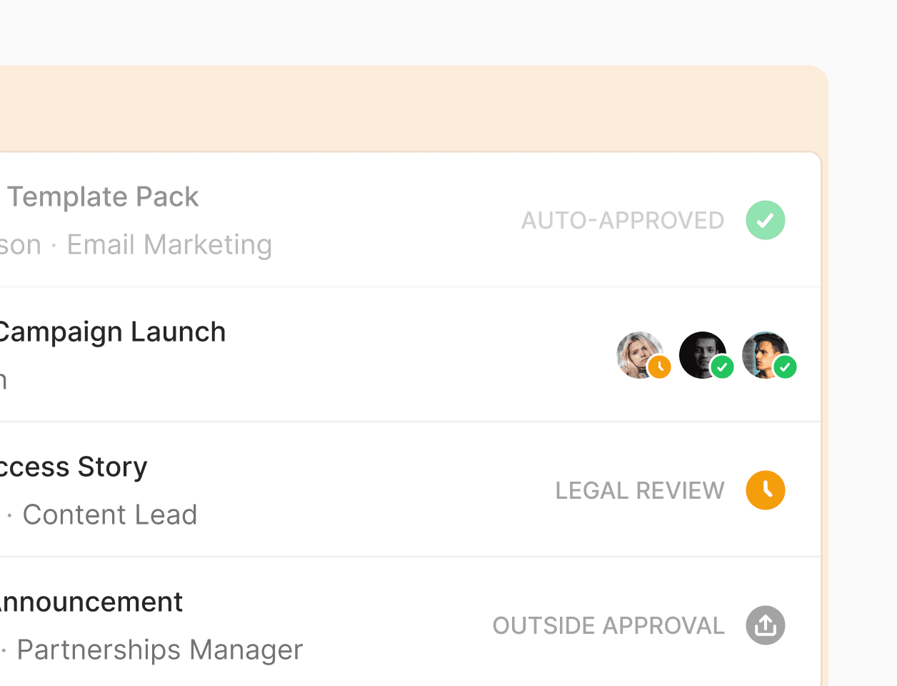 List of content types with their respective approval statuses, including "Auto-Approved," "Legal Review," and "Outside Approval," reflecting approval paths for different content types.