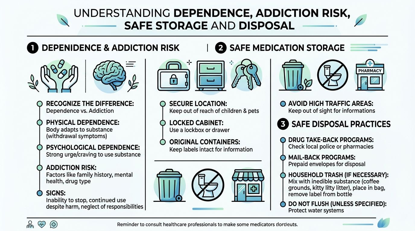An infographic titled Understanding Dependence, Addiction Risk, Safe Storage and Disposal, providing health safety guidance for medications.