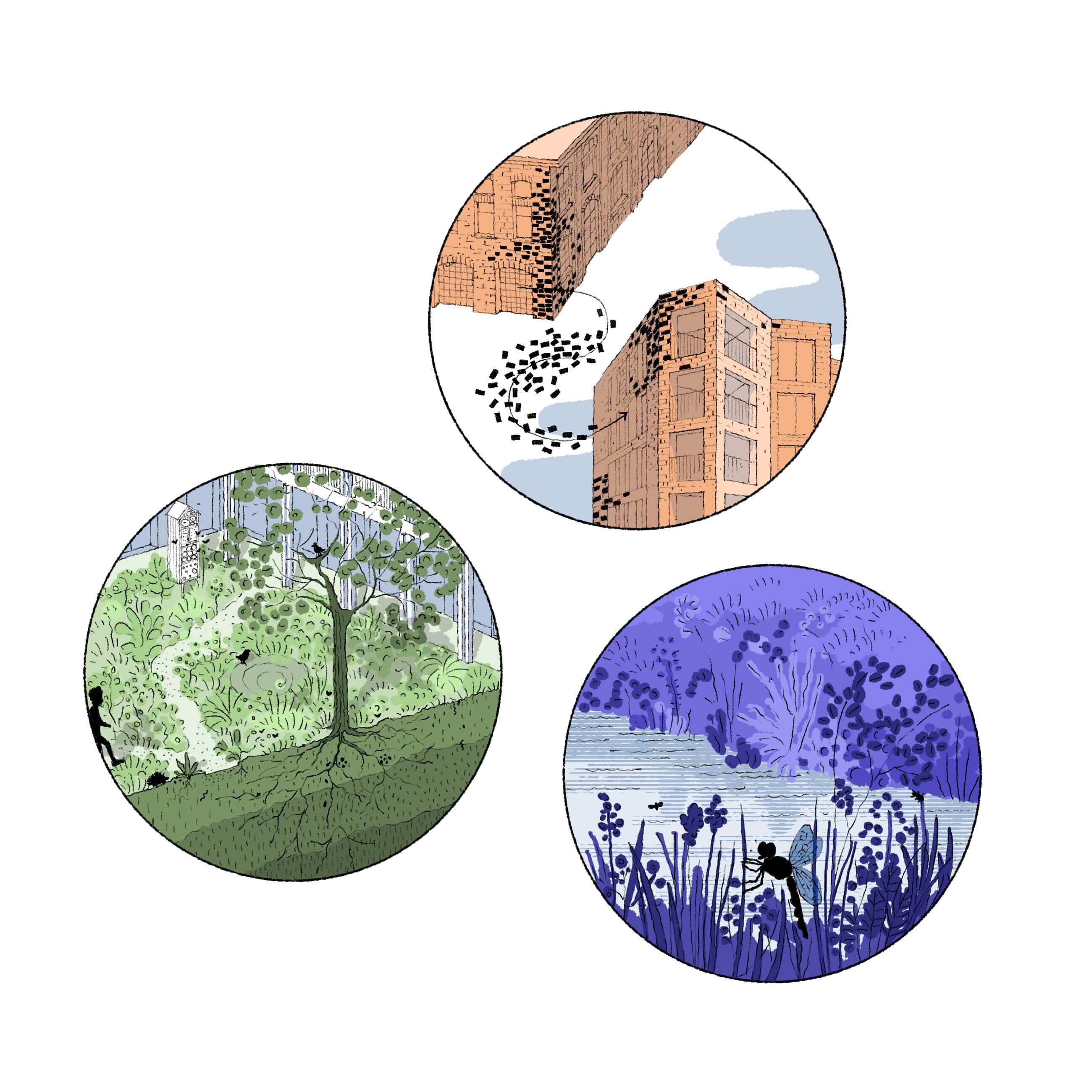 Three circular images showcasing different textures and patterns in pastel colors.