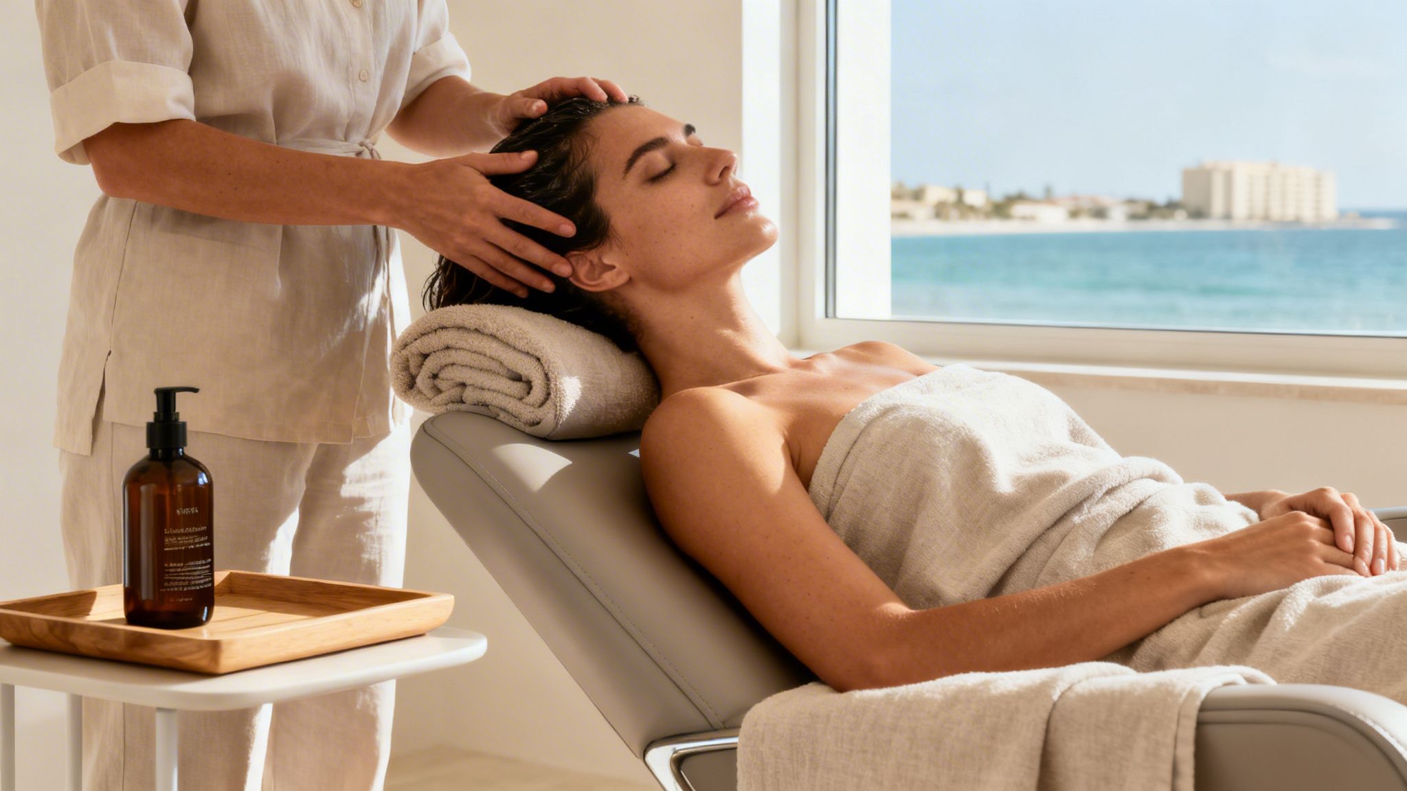 Woman enjoying a relaxing scalp massage at a luxurious spa with a beautiful ocean view.