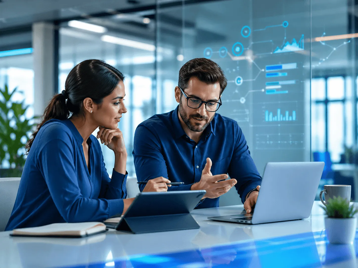 Two professionals discussing lead routing and follow-up tasks in a clean modern office.