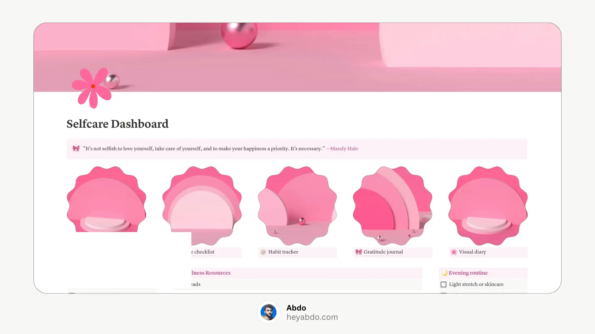 A minimalist and aesthetic notion self-care dashboard