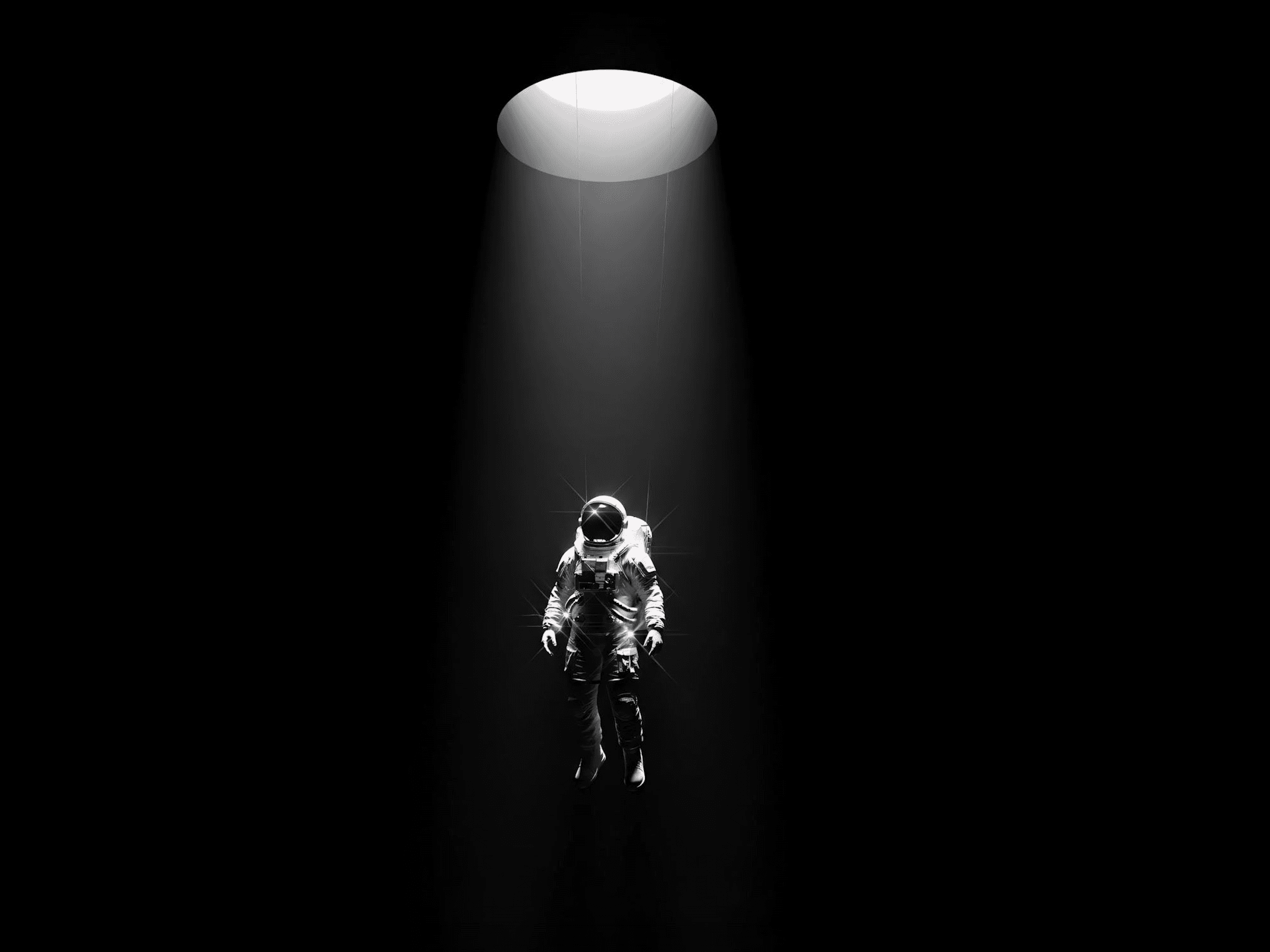 astronaut floating in dark void under spotlight, minimal black background isolation, gravity pull concept, event horizon metaphor, space exploration solitude scene