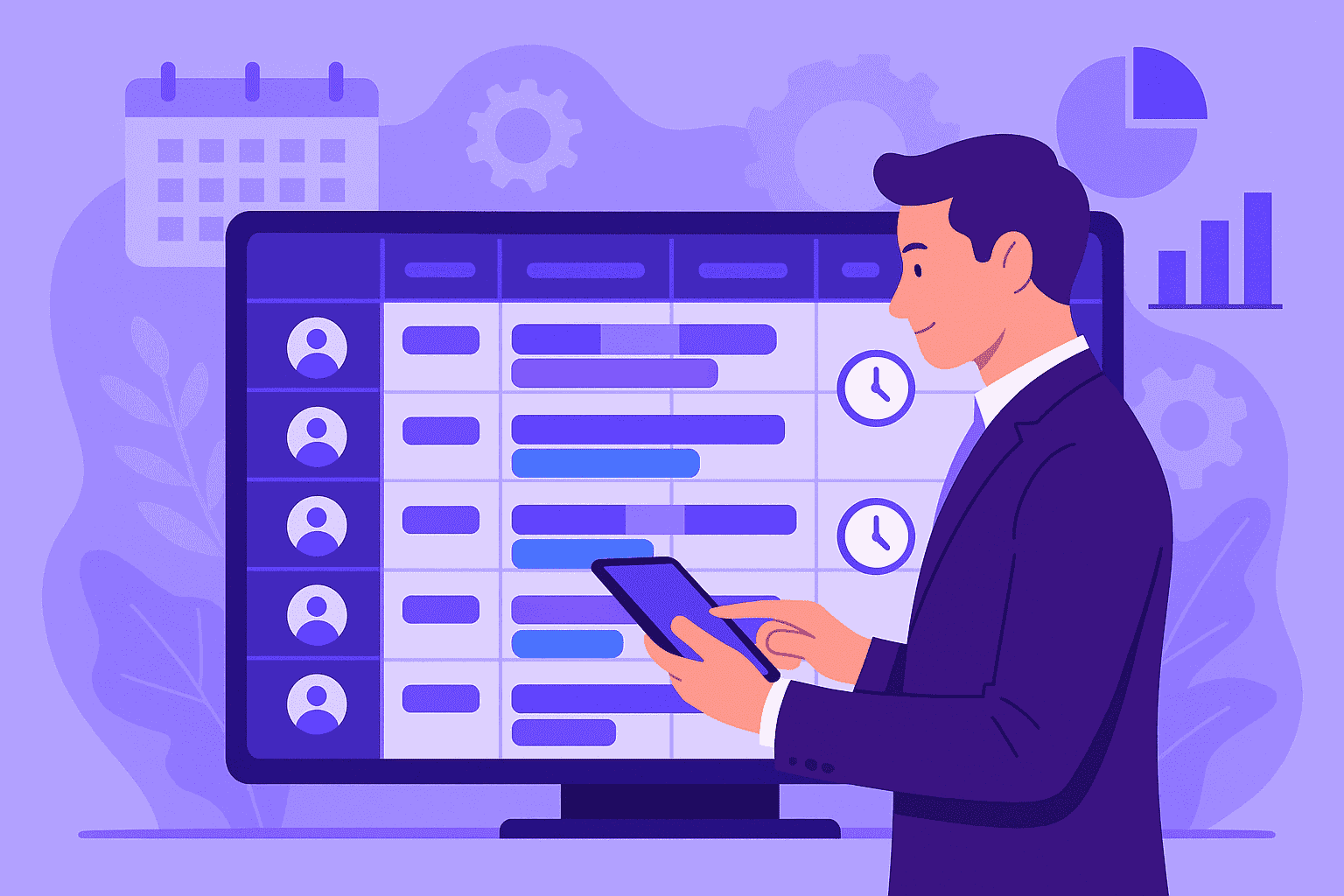 A flat-style digital illustration of a manager reviewing a tablet in front of a large scheduling dashboard with color-coded shifts, charts, and clock icons, symbolizing smart workforce planning and optimization.