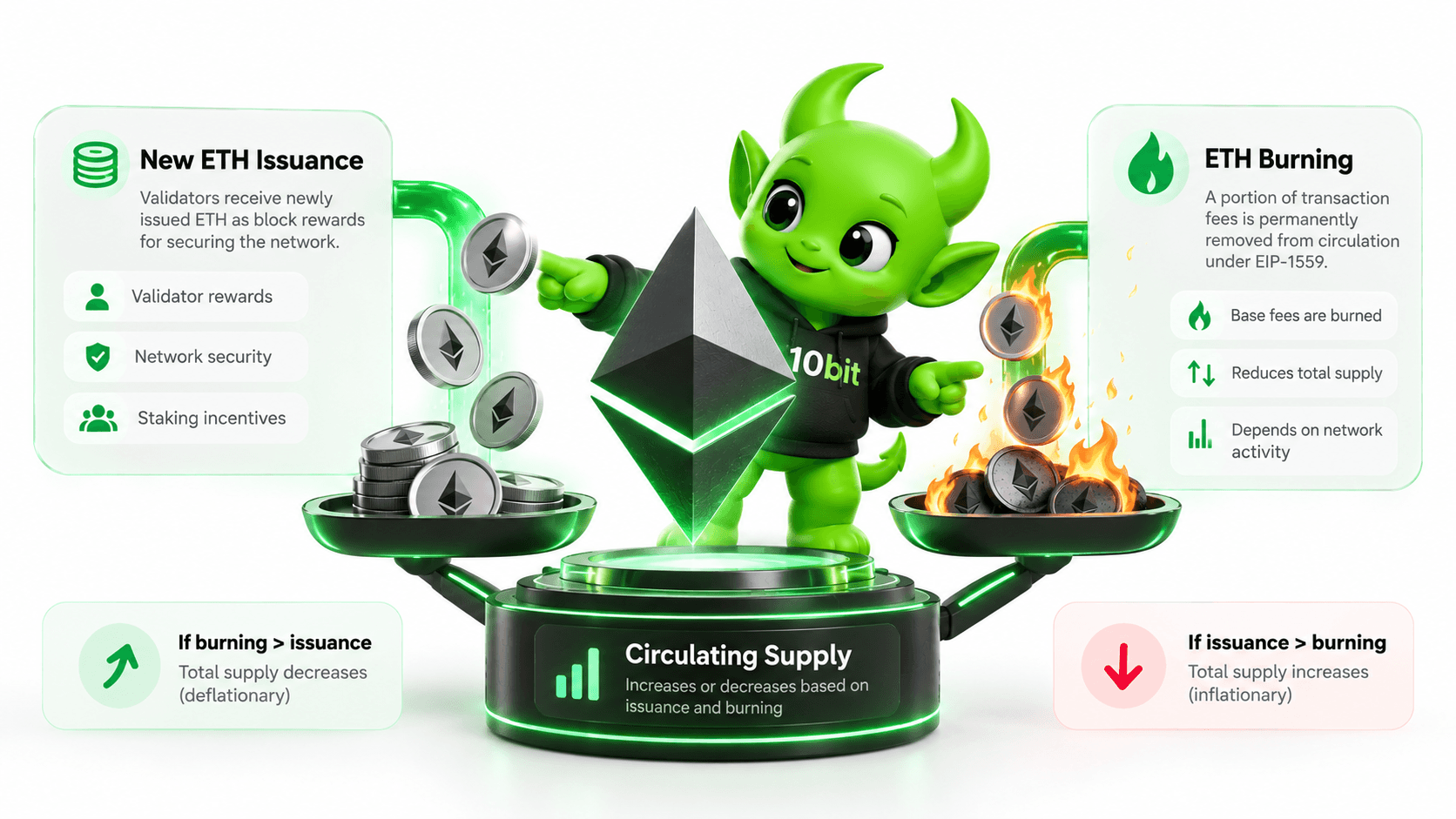 Ethereum ETH tokenomics infographic explaining validator issuance, EIP-1559 fee burning and how both affect circulating ETH supply.