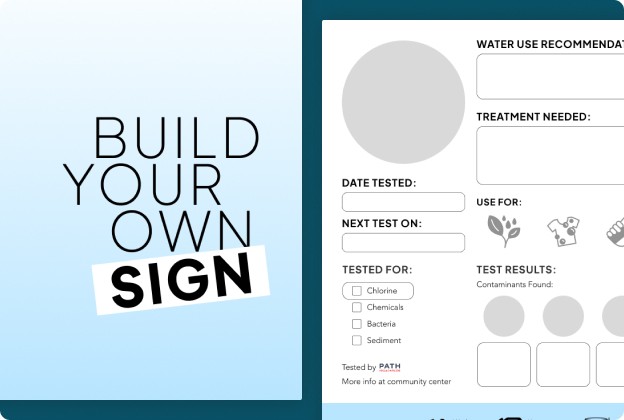 On the left, the cover of the "Build your own sign" instructions. On the right, a blank water quality sign.