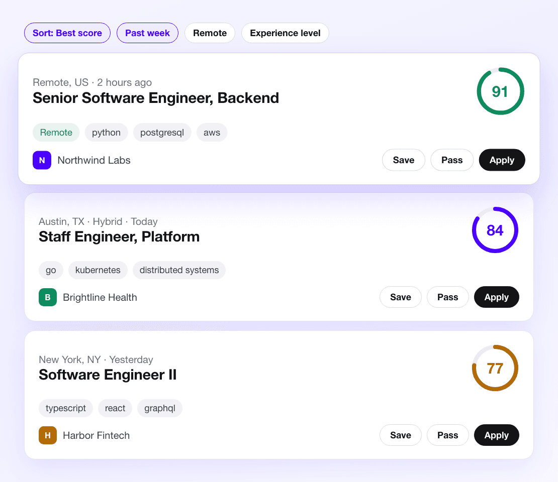 ResumeUp.AI matched jobs from 100,000+ boards and ATS systems, each scored 0 to 100 with a one-click Apply button