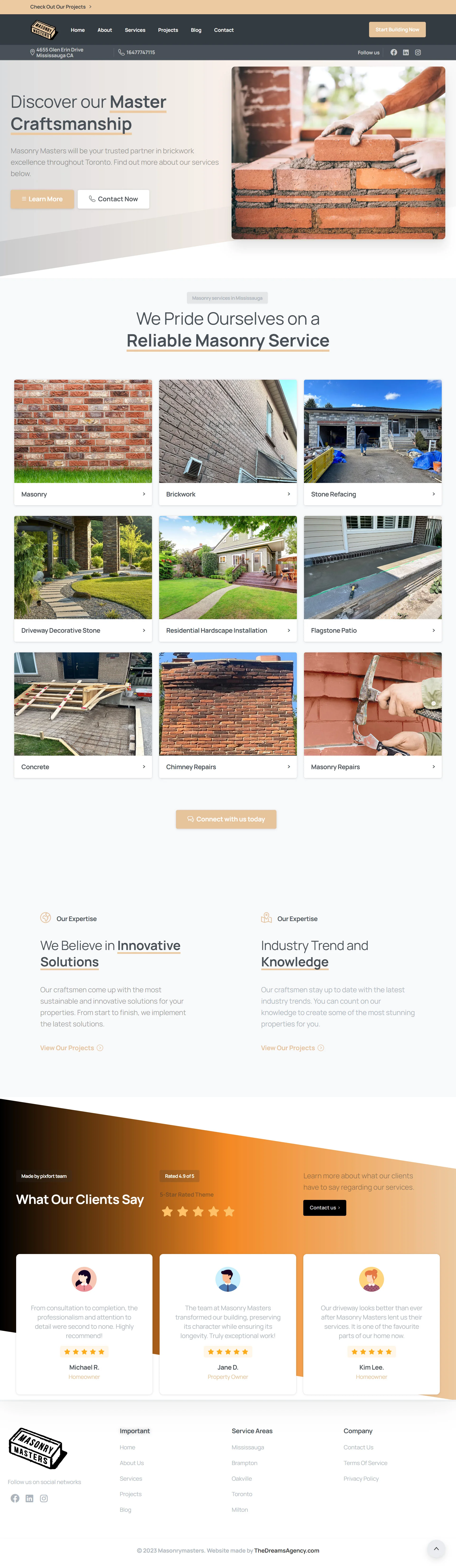 Services page for Masonry Masters website developed & designed by Dreams Agency Mississauga, Ontario